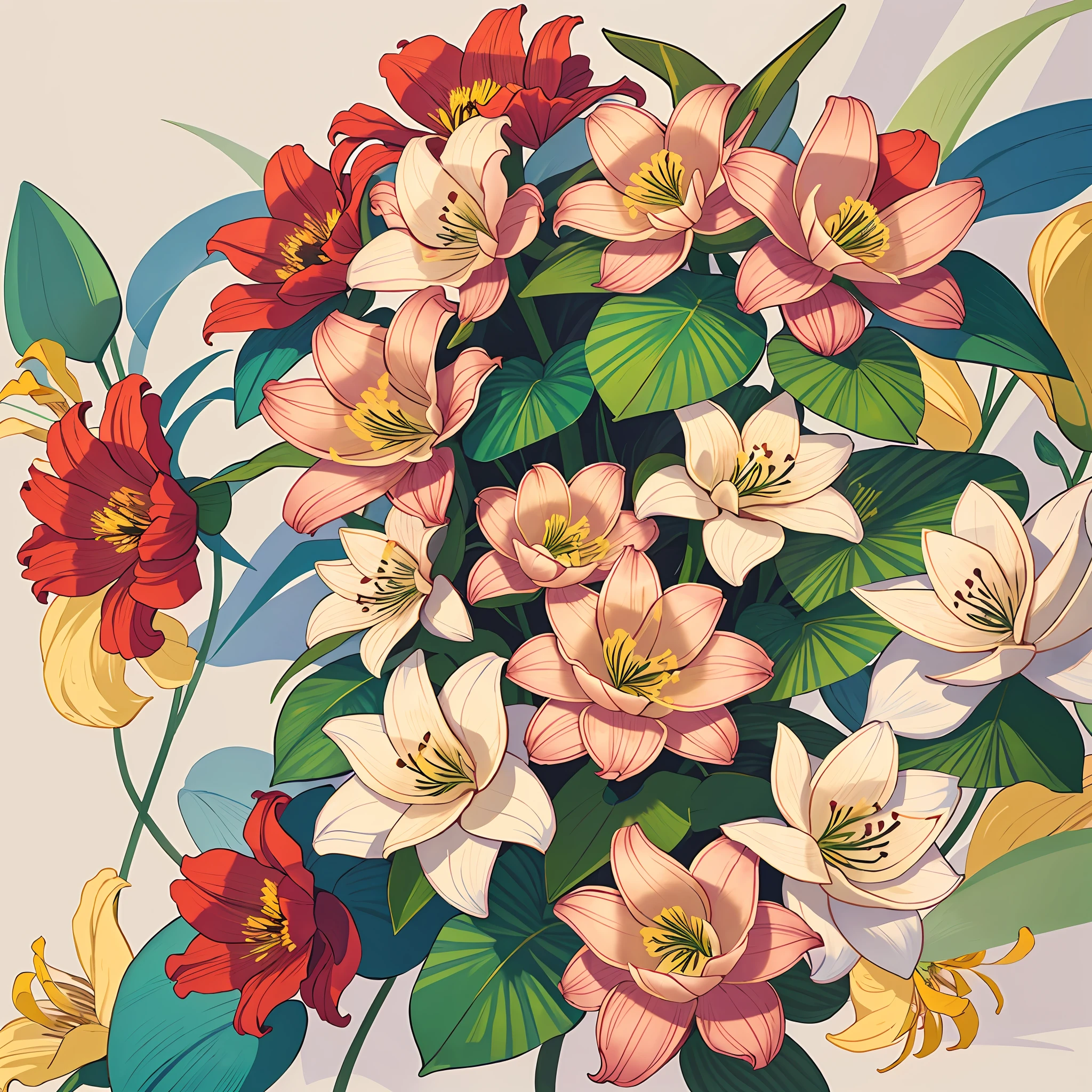 the lilies，Printing，Soft beige，pastel pink，Tropical plants,flatillustration，Maximalism，Bright color scheme