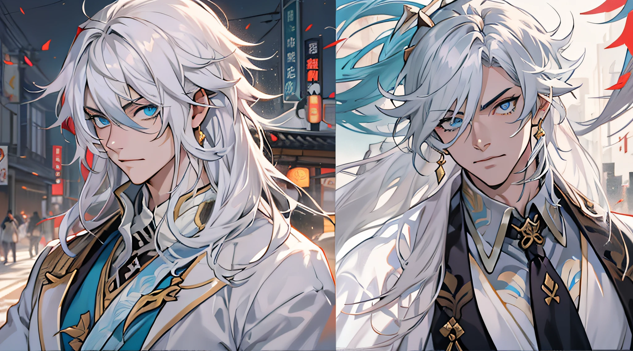 anime character with long white hair and blue eyes standing in city, keqing from genshin impact, handsome guy in demon slayer art, zhongli from genshin impact, white haired deity, tall anime guy with blue eyes, genshin impact character, onmyoji portrait, casimir art, beautiful androgynous prince, heise jinyao,black blue shirt, black suite,white overcoat, Portrait, holding hands