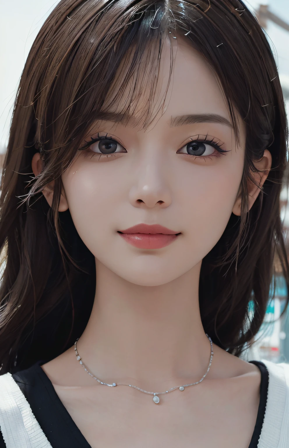 Masterpiece, 1 Beautiful Girl, Detailed, Swollen Eyes, Best Quality, Ultra High Resolution, (Reality: 1.4), Original Photo, 1Girl, Cinematic Lighting, Smiling, Japanese, Asian Beauty, Korean, Neat, Very Beautiful, Slightly Young Face, Beautiful Skin, Slender, Cyberpunk Background, (ultra realistic), (illustration), (high resolution), (8K), (very detailed), (best illustration), (beautifully detailed eyes), (super detailed), (wallpaper), (detailed face), viewer looking, fine details, detailed face, deep shadow, low key, pureerosfaceace_v1, smile, 46 point slanted bangs, facing straight ahead, neat clothes, black colored eyes,
