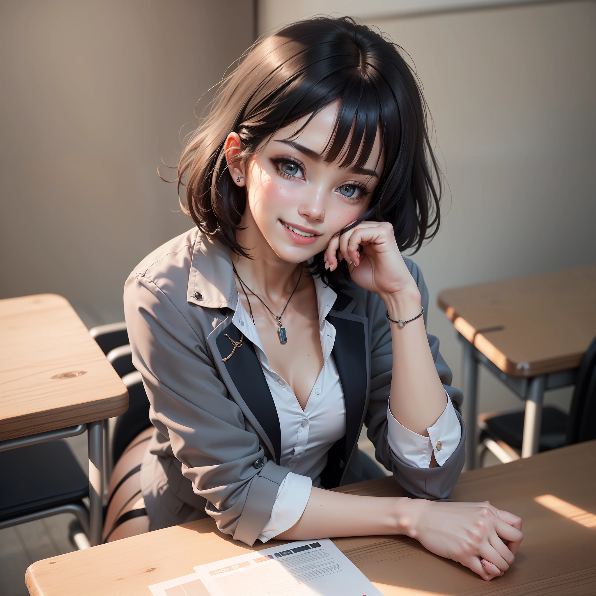 ((8k, RAW photos, top quality, masterpieces), high-definition RAW color photos professional close-up photos, (realistic, photorealism: 1.37), (highest quality), (best shadows), (best illustrations), collarbones ((big)), ((erotic, sexy, ultra high resolution, high-definition CG unified 8K wallpapers, physically based rendering, movie lighting), (aegyo sal:1), 18 year old girl, (grey blazer, ribbon, socks, high school uniform: 1.2), high school classroom, beautiful detail eyes, light on the face, ((full body shot: 1.2)), especially strong light, (upper eyes, grinning smile:1.2),shiny skin, (((black hair, bob hair:1.2))), ( thick thighs), ulzzang-6500-v1.1:0.2, shy, (flash:1.2), NSFW , (puffy), ((seductive posture: 1.2, attractive: 1.2)), (idle), (sitting at a desk in classroom: 1.2)), ((good anatomy: 1.2)), ((bright and refreshing classroom, background blurred: 1.2)), perfect face, cute face, (high angle shot:1.2)