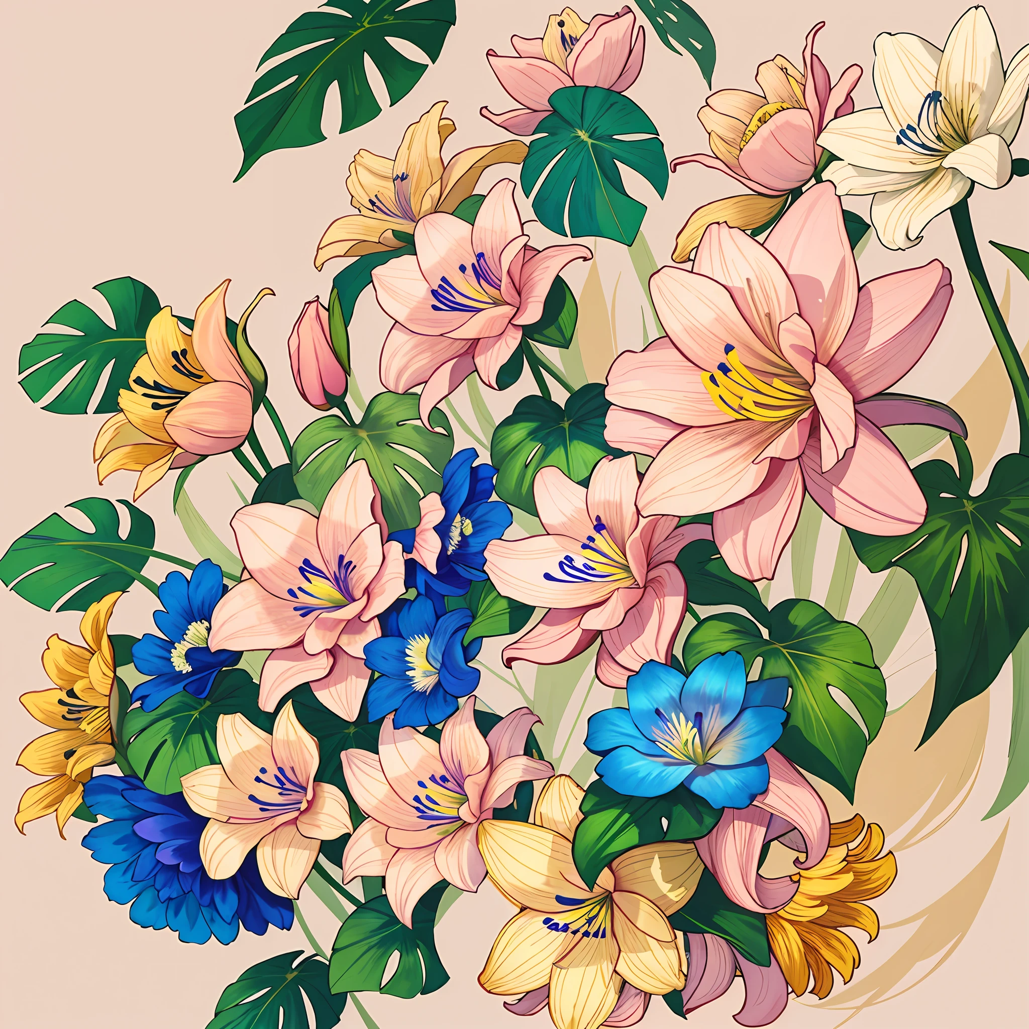 the lilies，Printing，Soft beige，pastel pink，Tropical plants,flatillustration，Maximalism，Bright color scheme