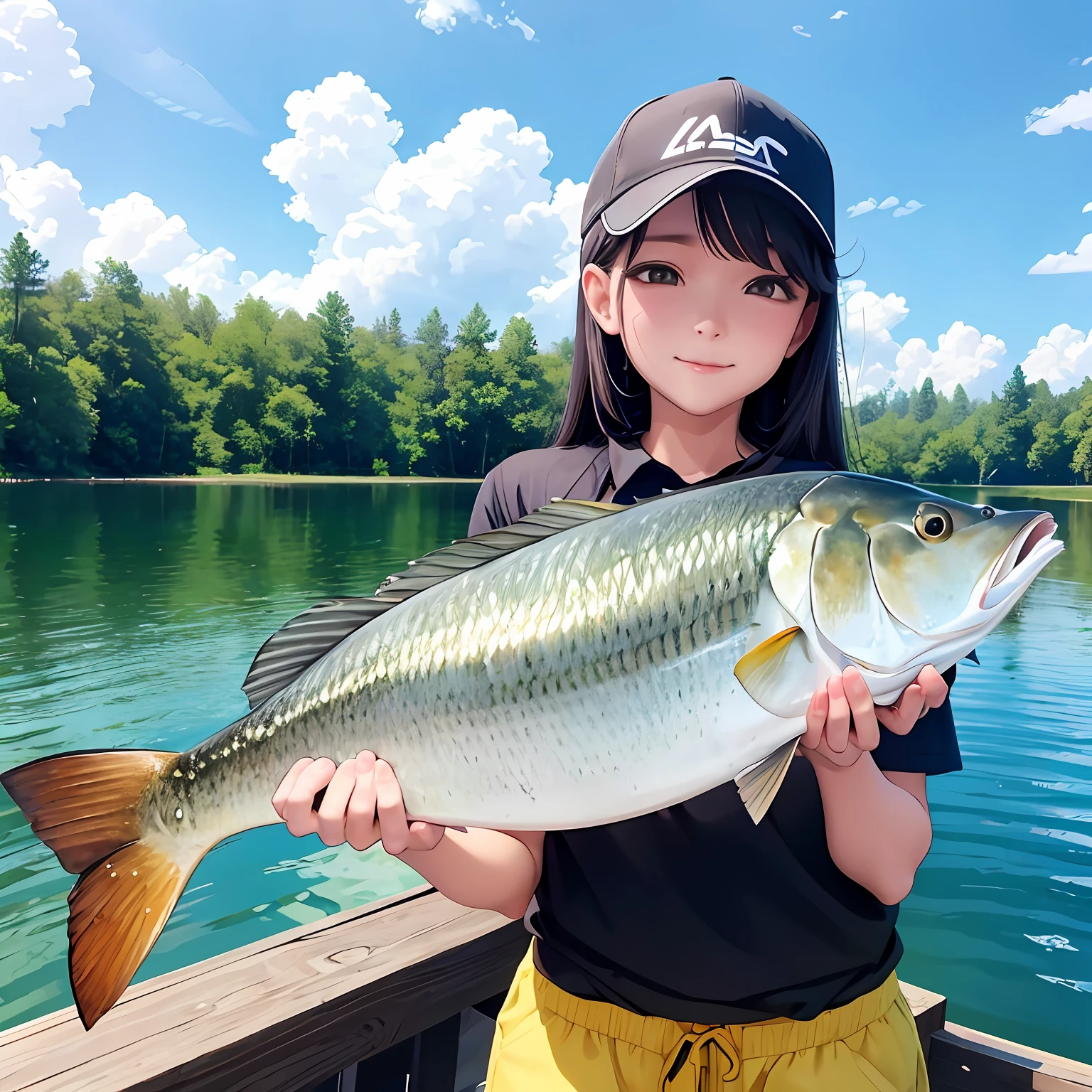 Fishing，woman，beautiful weather，Catch big fish，delicated， The hat reads Biao Bing