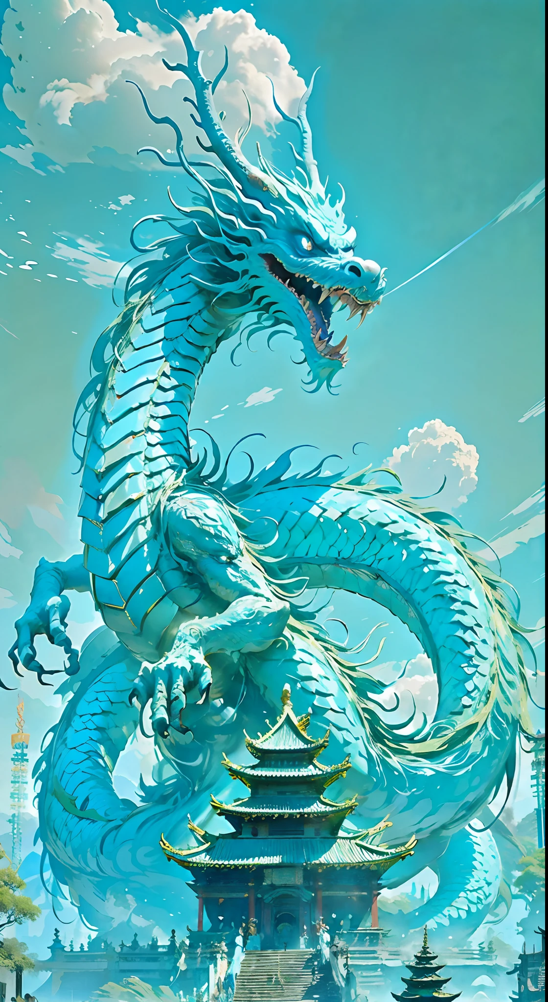 Best quality,masterpiece,ultra high res,nu no humans, (long:1.2),eastern dragon, east asian architecture, sky, architecture, outdoors, cloud, day, mountain, open mouth, blue sky, teeth, scales, sharp teeth, horns, glowing, fangs, tree, glowing eyes, pagoda, scenery