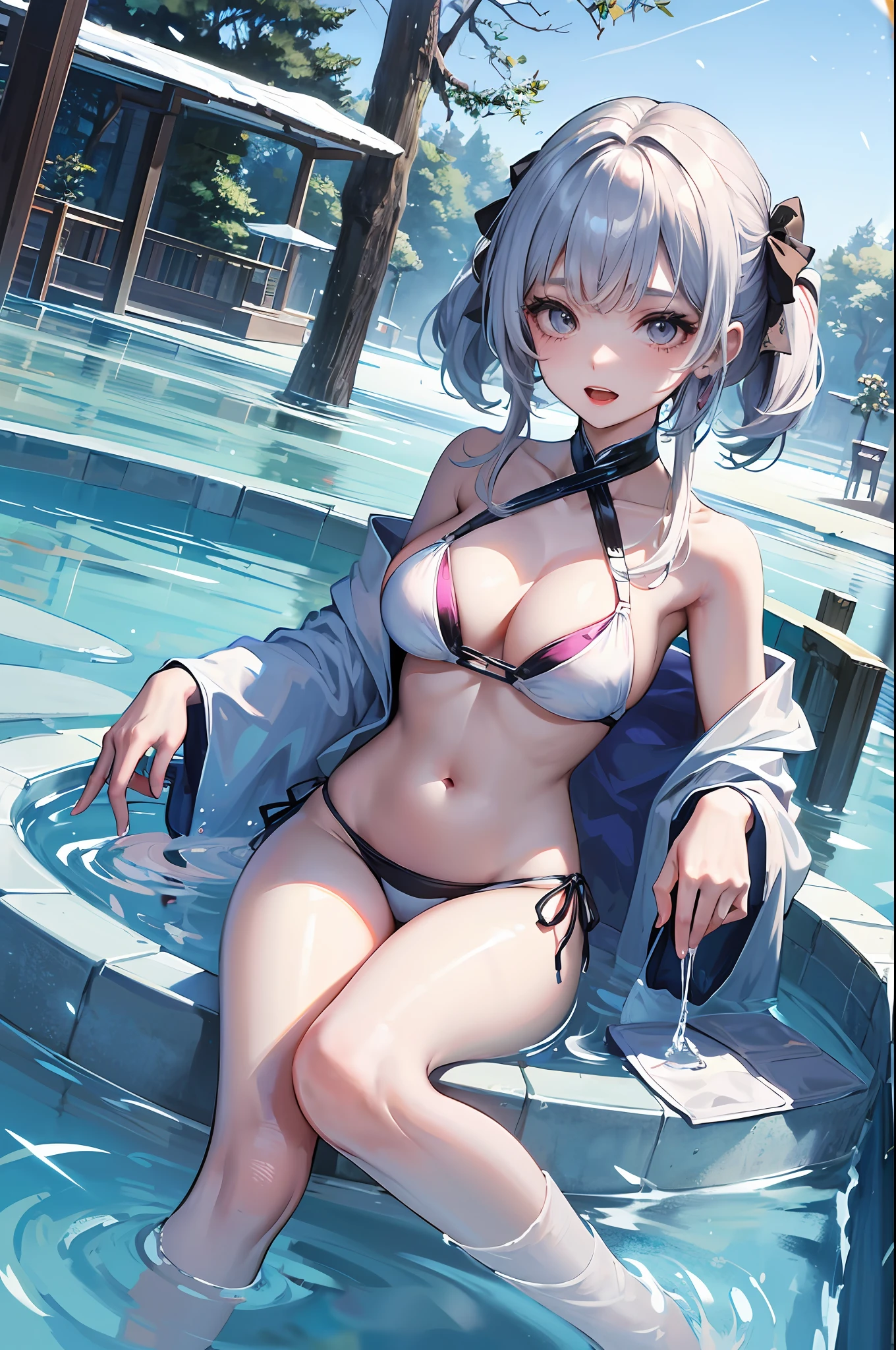 In a pond with floating ice in the middle of winter、Girl bathing with ecstatic expression。The bikini、Large breasts,BDSM,masochism,chilly girl,