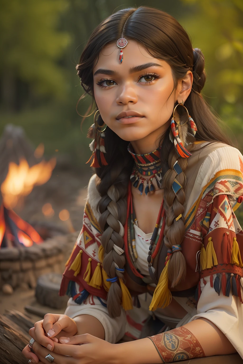 ((Zendaya is a native American woman)), ((who wears the typical clothes of a squaw)), (sitting on a campfire), ((schlanke frau)), (kleiner Kopf), ((natural skin texture)), ((she has small round breasts)), ((Ausdrucksstarkes detailliertes Gesicht)), (fotorealistisch), (Raytracing), (scharfer Fokus), ((full entire body)), ((large