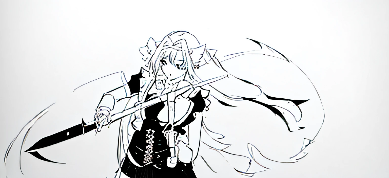 a drawing of a woman with a sword and a dress, clean anime outlines, perfect lineart, linear art, Line art!!, clean lineart, Line sketch!!, thick lineart, Simple lines of art, thick black lineart, intense line art, bold lineart, art style of rune factory 5, holding a pudica pose, heavy outline