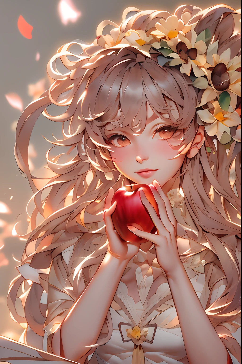 anime girl holding an apple with a flower in her hair, detailed digital anime art, anime art wallpaper 8 k, anime art wallpaper 4 k, anime art wallpaper 4k, digital anime art, anime style 4 k, beautiful sunflower anime girl, artgerm and atey ghailan, digital anime illustration, beautiful anime portrait, extremely detailed artgerm,( watercolor \(medium\), IrisCompiet:1.2),, abstract background, fantasy, many colors, colorful, flower petals, wind blowing,masterpiece, best quality, (extremely detailed CG unity 8k wallpaper), (best quality), (best illustration), (best shadow), absurdres, realistic lighting, (Abyss), beautiful detailed glow,clear face, clean white background, masterpiece, super detail, epic composition, ultra HD, high quality, extremely detailed, official art, uniform 8k wallpaper, super detail, 32k -- v 6