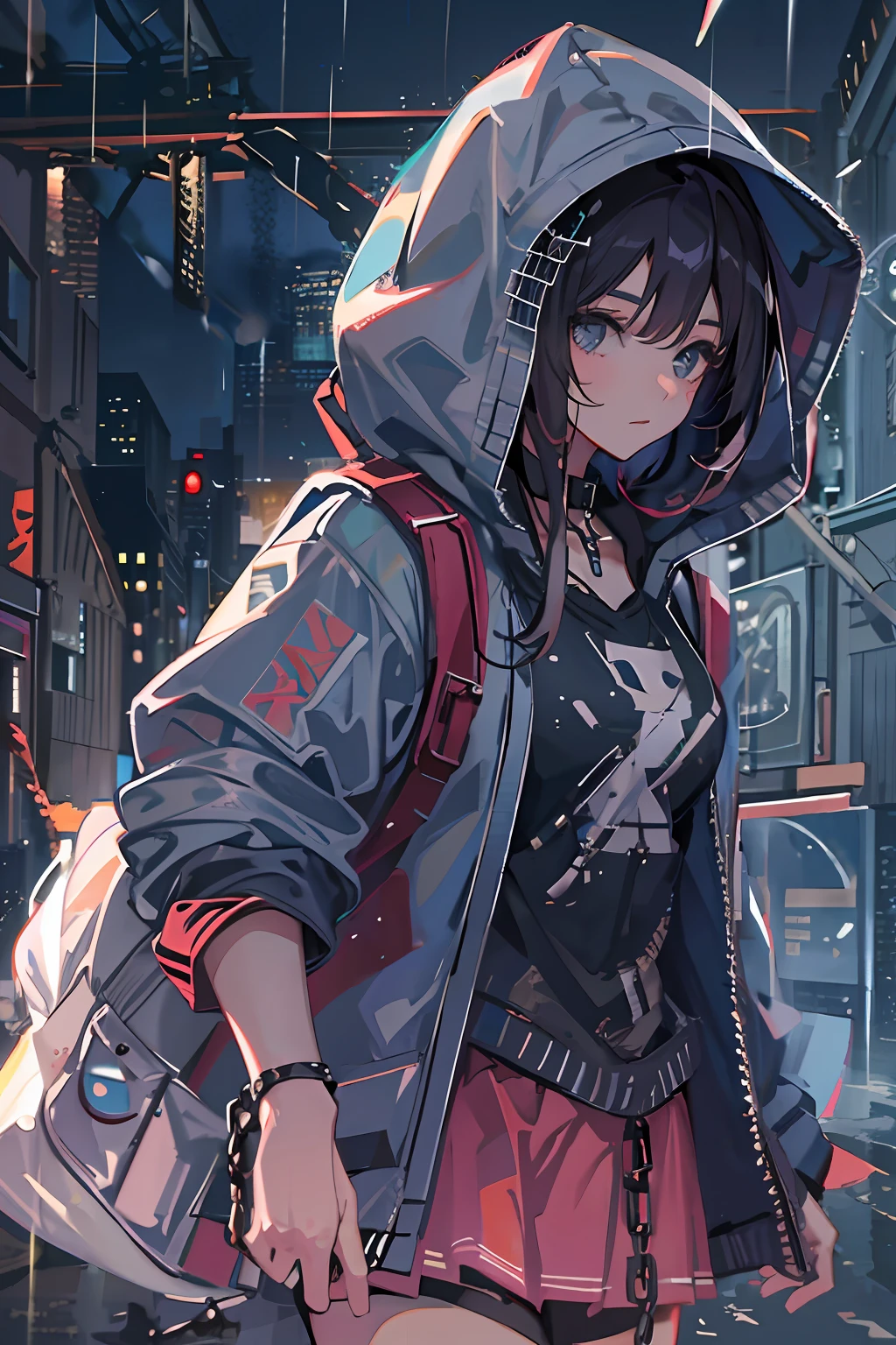 1girl, jacket, rain, outdoor, hoodie, open jacket, chain, backpack, looking at another, messy hair, trending on artstation, 8k resolution, highly detailed, anatomically correct, sharp image, digital painting, concept art, trending on pixiv, style of makoto shinkai,