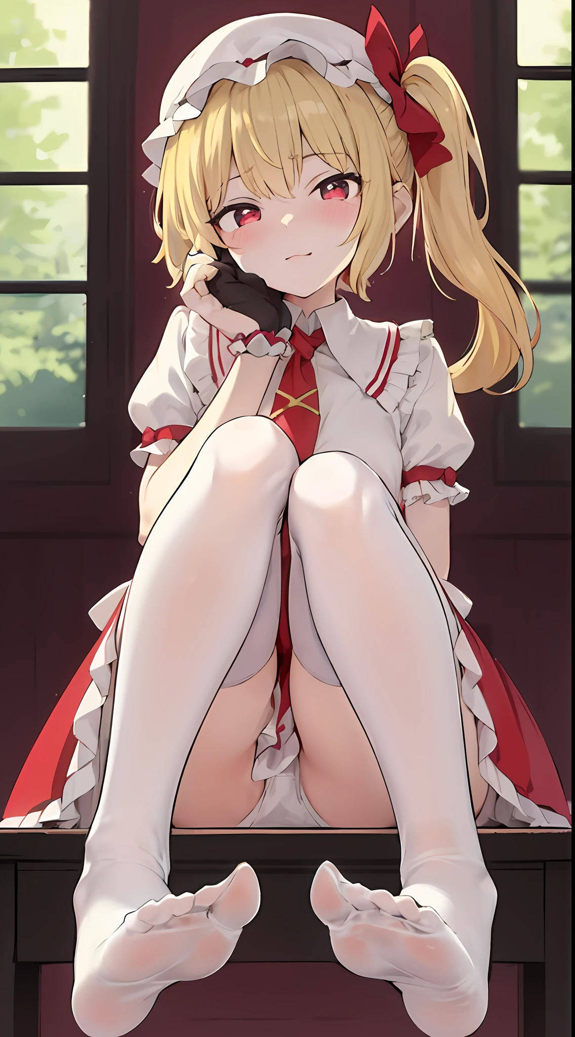 A woman sits in a chair，Legs crossed, small curvaceous , Splash art anime Loliime visual of a cute girl, loli in s, cute anime waifu in a nice dress, anime girl in a maid costume, small loli girl, tnime girl is crouching, anime best girl, Cute anime girl, Best Rated on pixiv