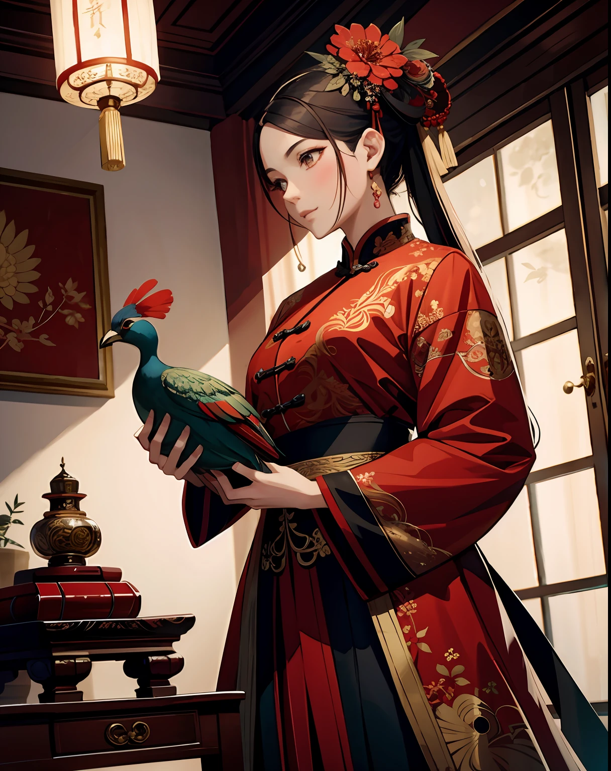 masterpiece chinese watercolor and ink painting, red aesthetics, 1girl holding a peacock, in the style of wlop, trending on artstation, 4k, 8k, ultra wide angle, pincushion lens effect. zenith view, greg rutkowski, beeple. baroque elements. baroque element. intricate