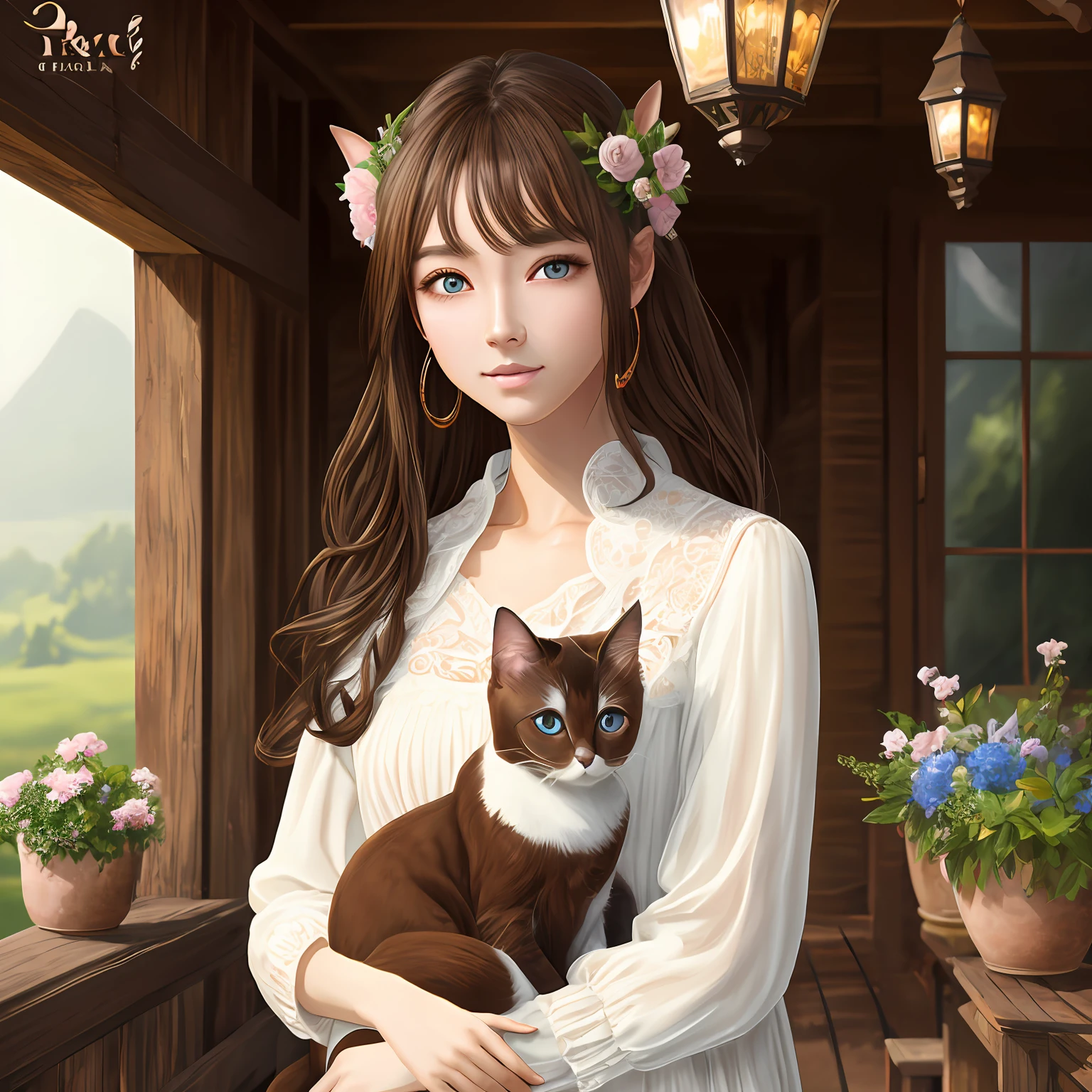8K Highly detailed digital art、、8k stunning artwork、Messy、Brown-haired beauty in her 20s、Eye color is brown、On the veranda、Frolic with Siamese cats --auto