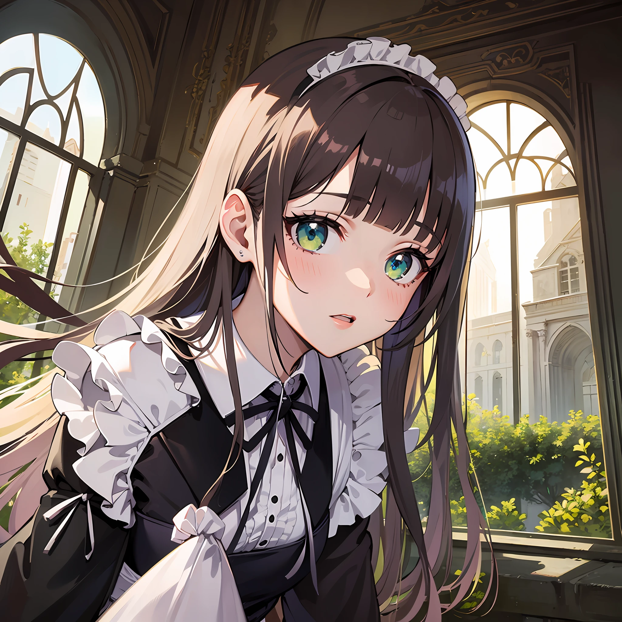 (masterpiece:1.3), (best quality:1.3), high resolution, 


couboy shot, 
leaning forward, 

(one cute girl:1.3), solo, 
white skin, small Breast, eight-headed person, 
long hair, straight hair, (blunt bangs:1.2), beautiful hair, green eyes, drooping eyes, beautiful detailed eyes, 

nervous, 

maid, 

indoors, Ruins of beautiful details, natural park, historic ruins, 

shadowlighting,