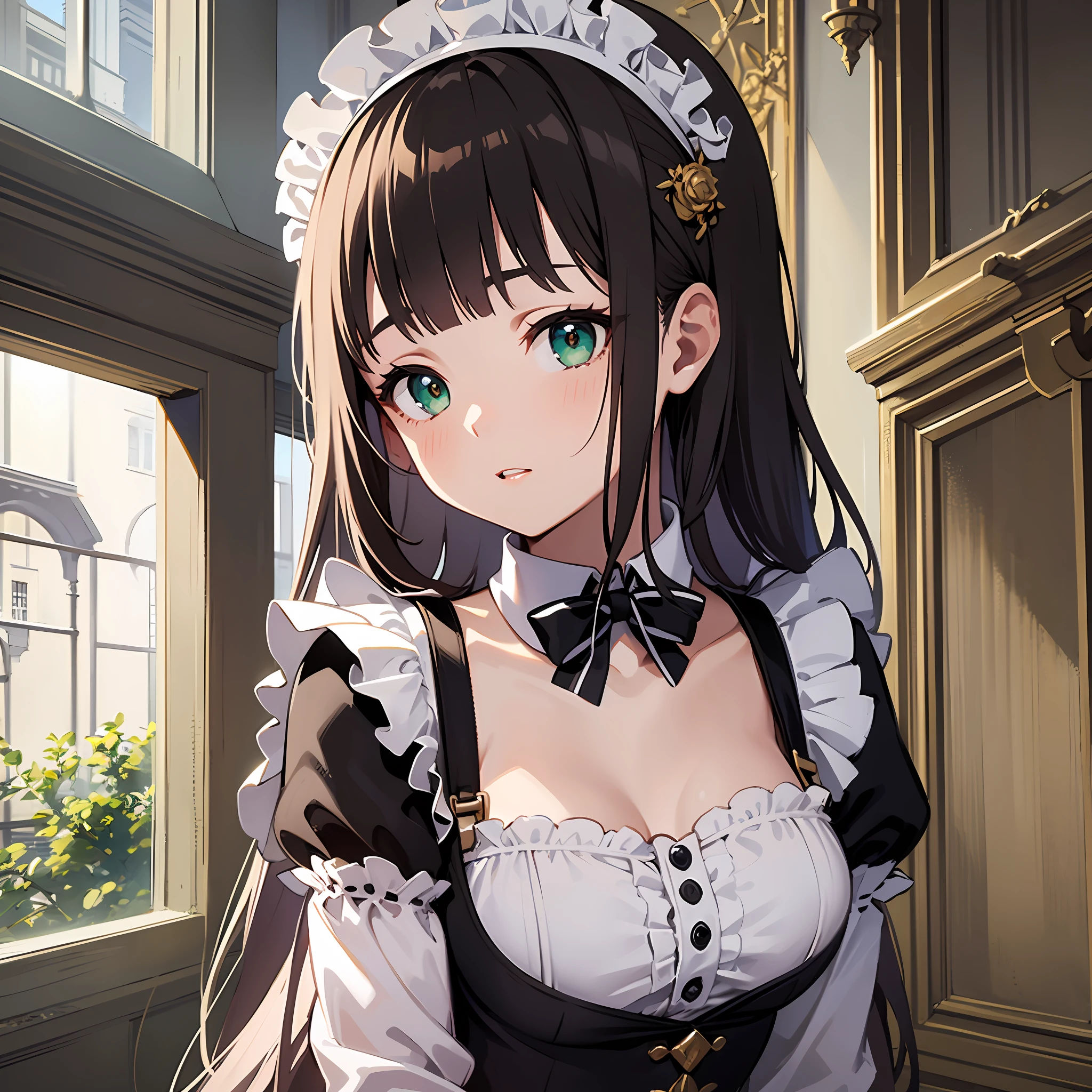 (masterpiece:1.3), (best quality:1.3), high resolution,
couboy shot,
leaning forward,
(one cute girl:1.3), solo,
white skin, small Breast, eight-headed person,
long hair, straight hair, (blunt bangs:1.2), beautiful hair, green eyes, drooping eyes, beautiful detailed eyes,
nervous,
maid,
indoors, Ruins of beautiful details, natural park, historic ruins,
shadowlighting,