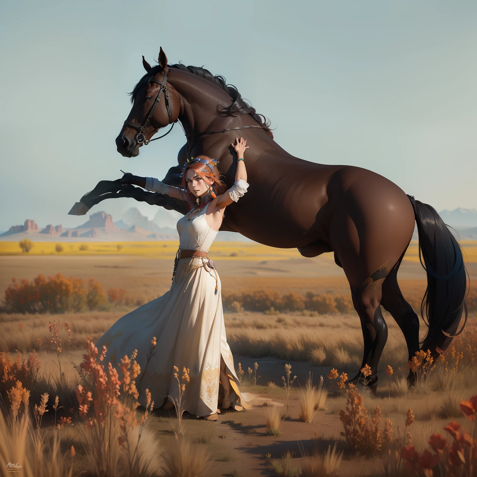 Un cheval debout. A woman dancing in a wheat field with small red and yellow roses perfect symmetrical face, Indigenous feather jewelry, Traditional handmade dress, warrior hunter armed, (((Far West))) environnement, Utah landscape, ultra realist, Art conceptuel, elegant, ((complexe)), ((highly detailed)), profondeur de champ, ((professionally colorful)), soft ambient lighting, twilight, 8k, dessin par Artgerm et Greg Rutkowski et Alphonse Mucha --auto --v 6 --s2