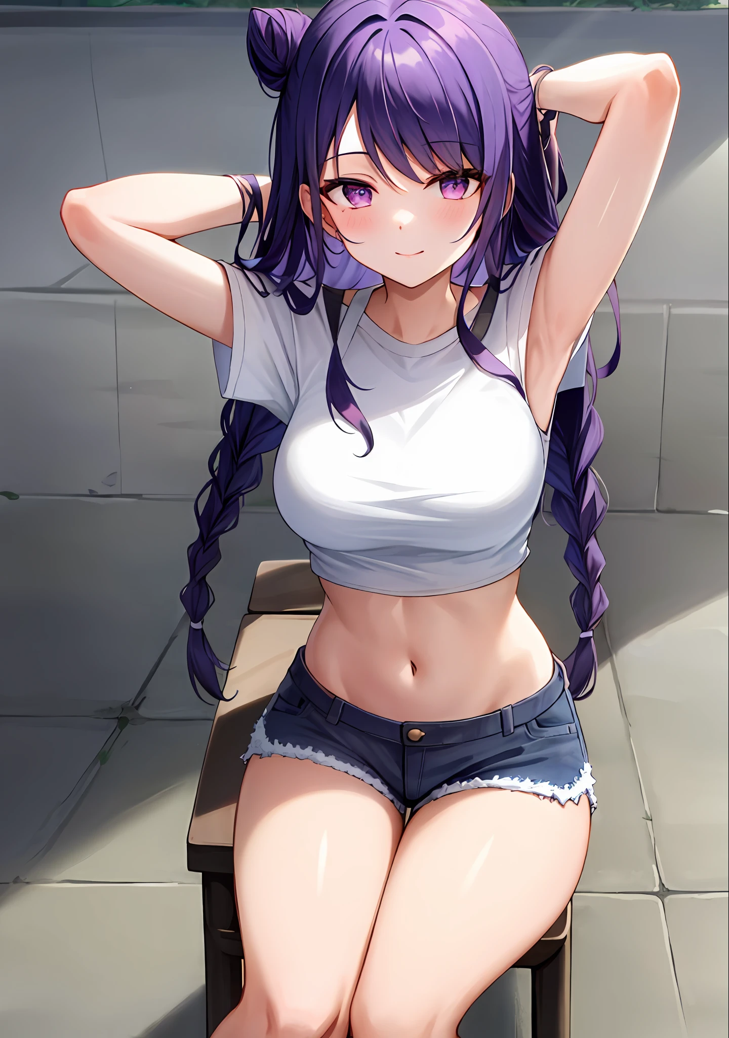(masterpiece, best quality, ultra-detailed), keqing \(genshin impact\), (purple hair), cone hair bun, twin tails, long hair, swept bangs, braid, braided bangs, purple eyes, pink eyes,
(wearing a t-shirt:1.2), sitting on a chair outside of caf, embracing the natural beauty, sunlight, beautiful cloudy sky, city, street, denim shorts, black stocking,
medium breasts, thick thighs, critical angle, cowboy shot, arm behind head, arm behind back, armpits, light smile, crop top, strong and seductive expressions,,