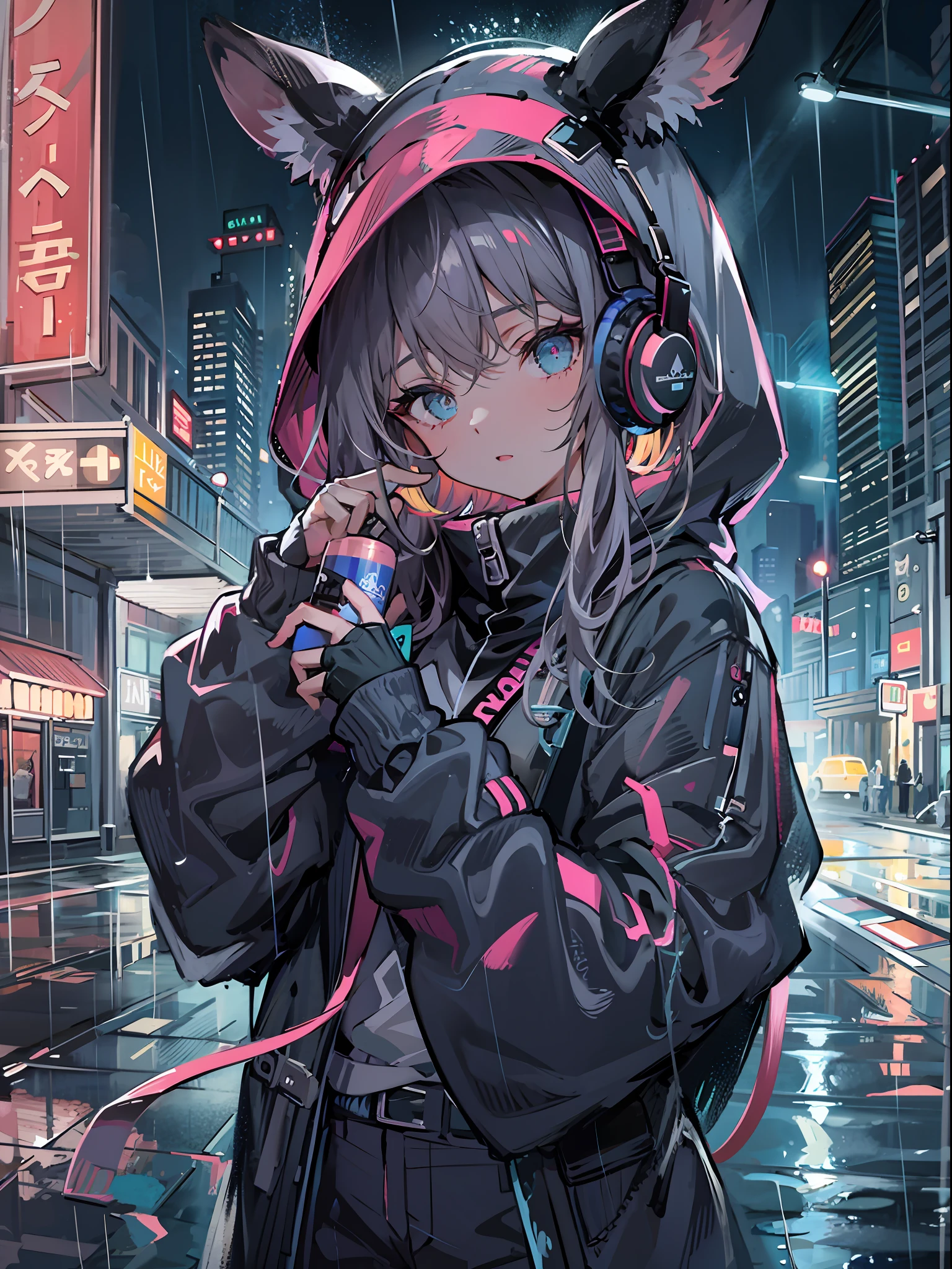 masterpiece, girl alone, solo, incredibly absurd, hoodie, headphones, street, outdoor, rain, neon,
