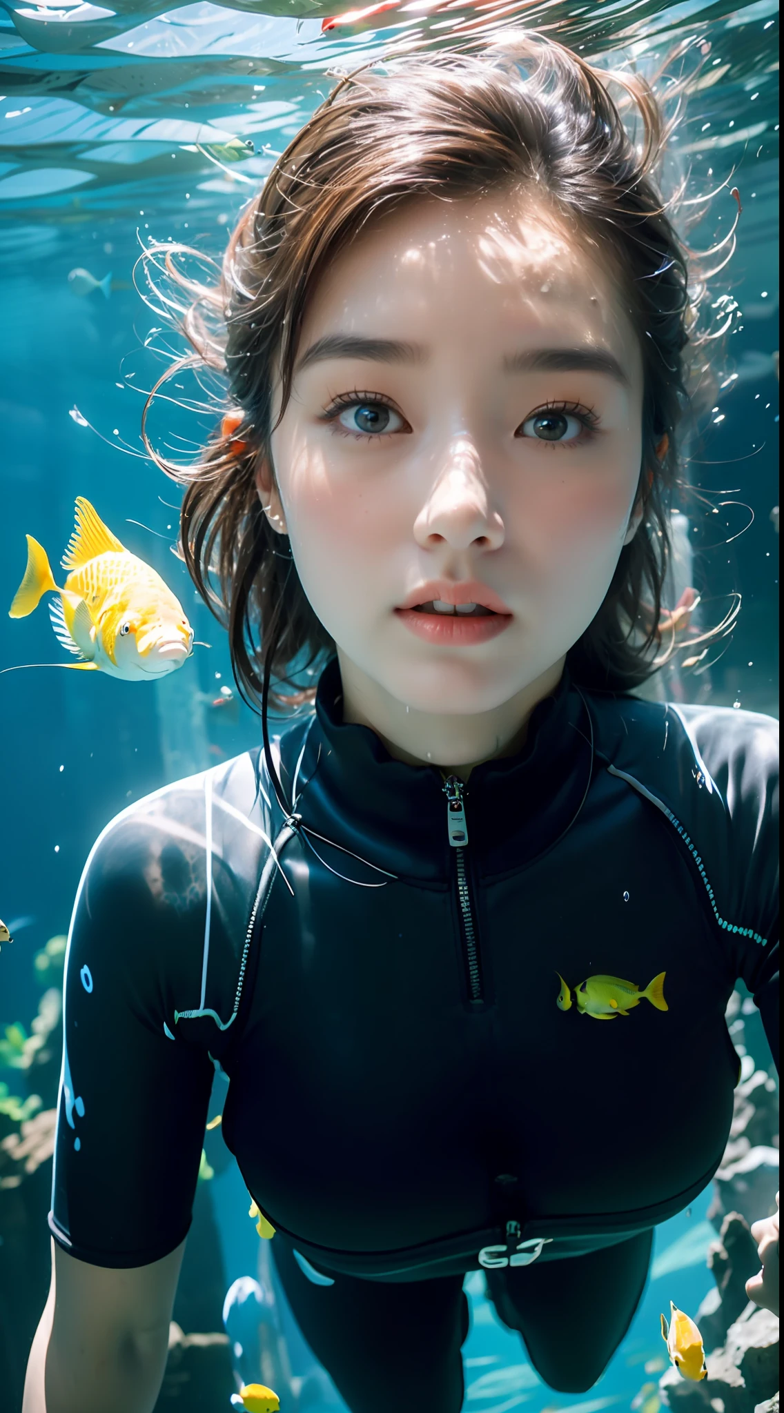 25 years old Korean girl,1个Giant Breast Girl,girl on top, wet suit, s the perfect face, eBlue eyes, Lace,Bigboobs, dive,Under water,shuixia,Break,Blue tones,(((surrounded with fishes)))