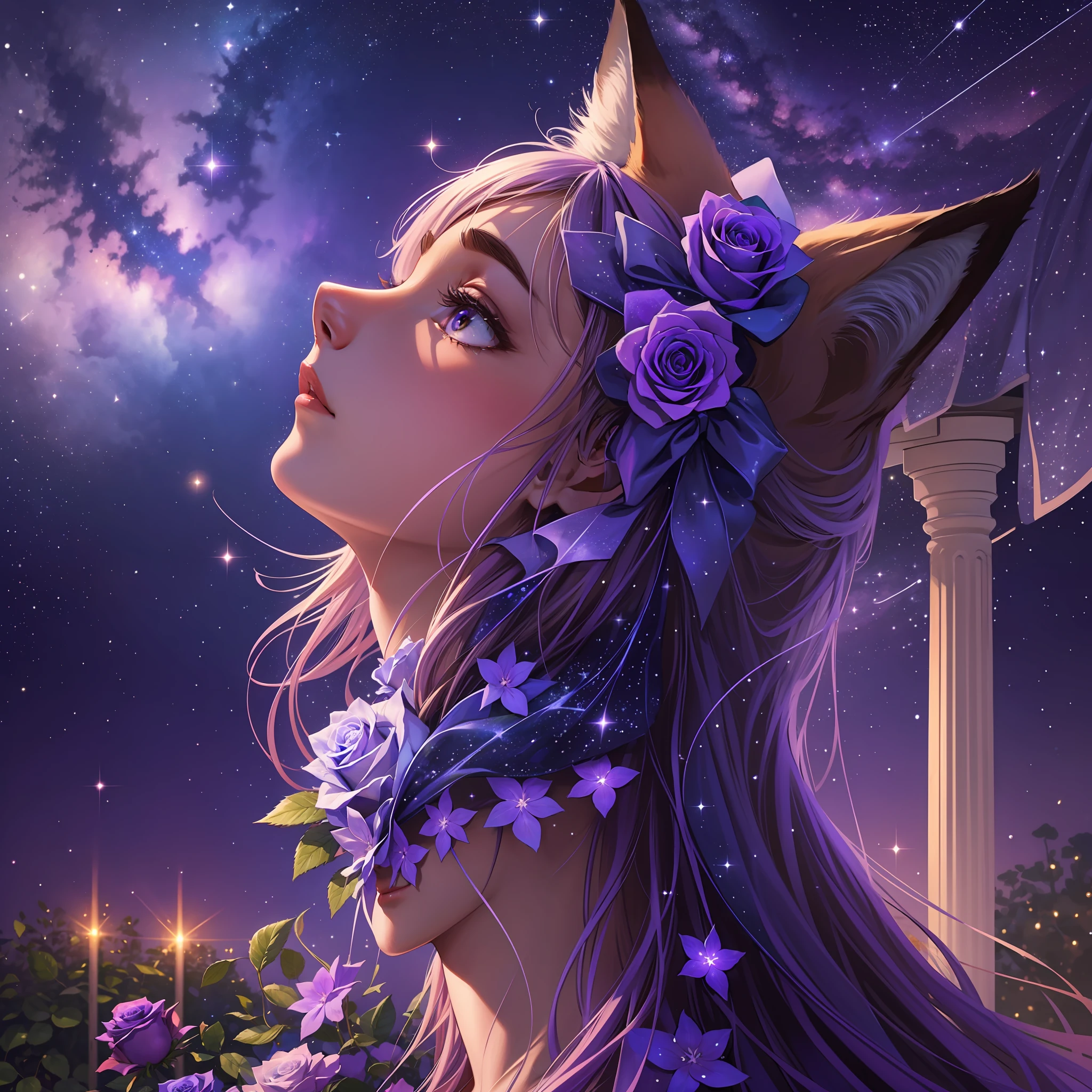 A rose garden; a violet-blue starry background; a Fox looking up at the stars; a gossamer-wrapped pavilion; twinkling stars --auto --s2