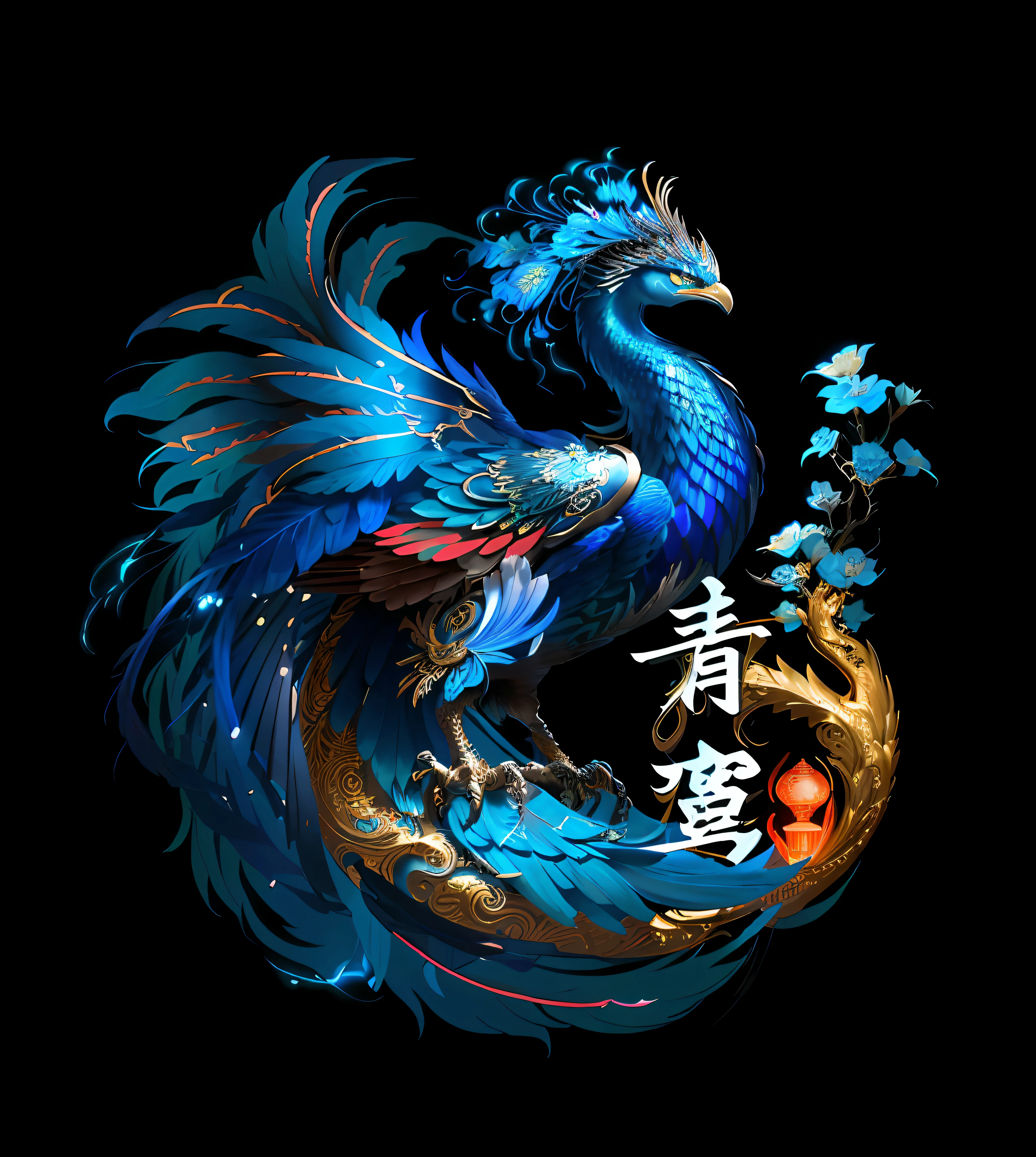 Close up of bird with flowers on black background, blue phoenix bird, Dragon peacock. Intricate, A beautiful artwork illustration, phoenix dragon,The claws are presented with a metallic texture The author uses a metallic finish：Tan Yang Kano, shui mo hua, cyan chinese dragon fantasy, artwork of a phoenix, jellyfish phoenix dragon, author：Kan Lee, Chinese fantasy, ''wallpaper of a phoenix resting