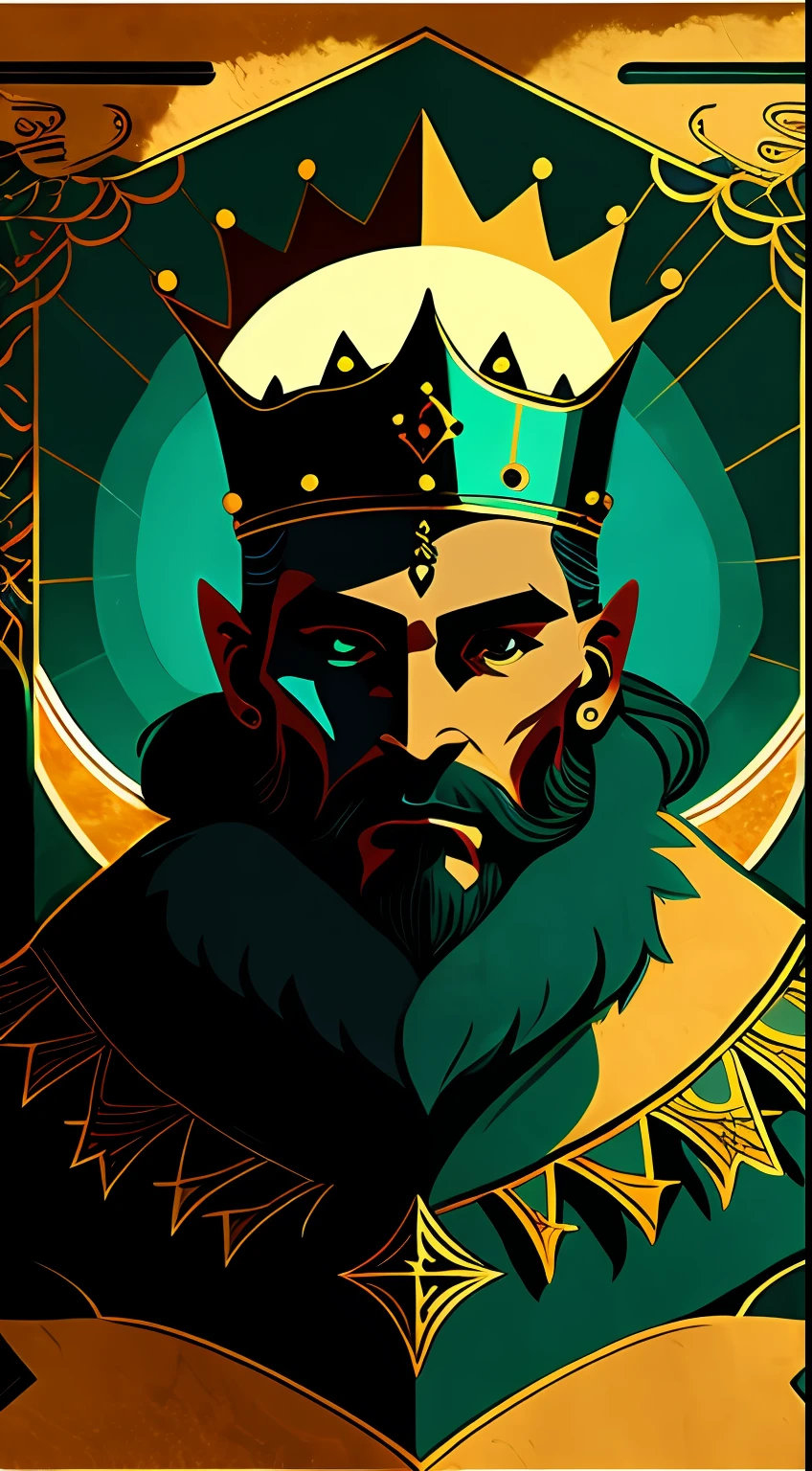 （tmasterpiece，4K，ultra - detailed，RAW photogr：1.2），illustratio， （The king with the crown：1.5），（half-body portrait：1）， （simplebackground，Fluorescent teal and black background：1.4）， （symetry：1.2）， （art-deco：1.4）， （retro-futuristic：1.4）， （Maximalism：1.4）， （cleanness：1.4）， （flat_Color：1.4）， （Sun beam：1），poker card style，style de carte de tarot， CCDDA art style