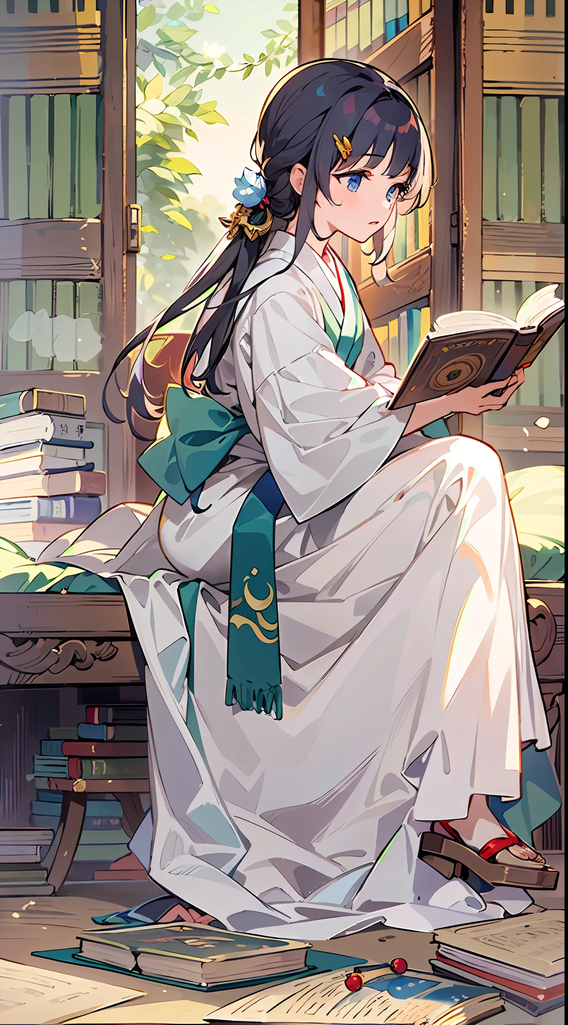 (masterpiece, best quality), 1girl, TsubakiKasugano,  reading, tome in hand, reading a tome, one tome, sitting,