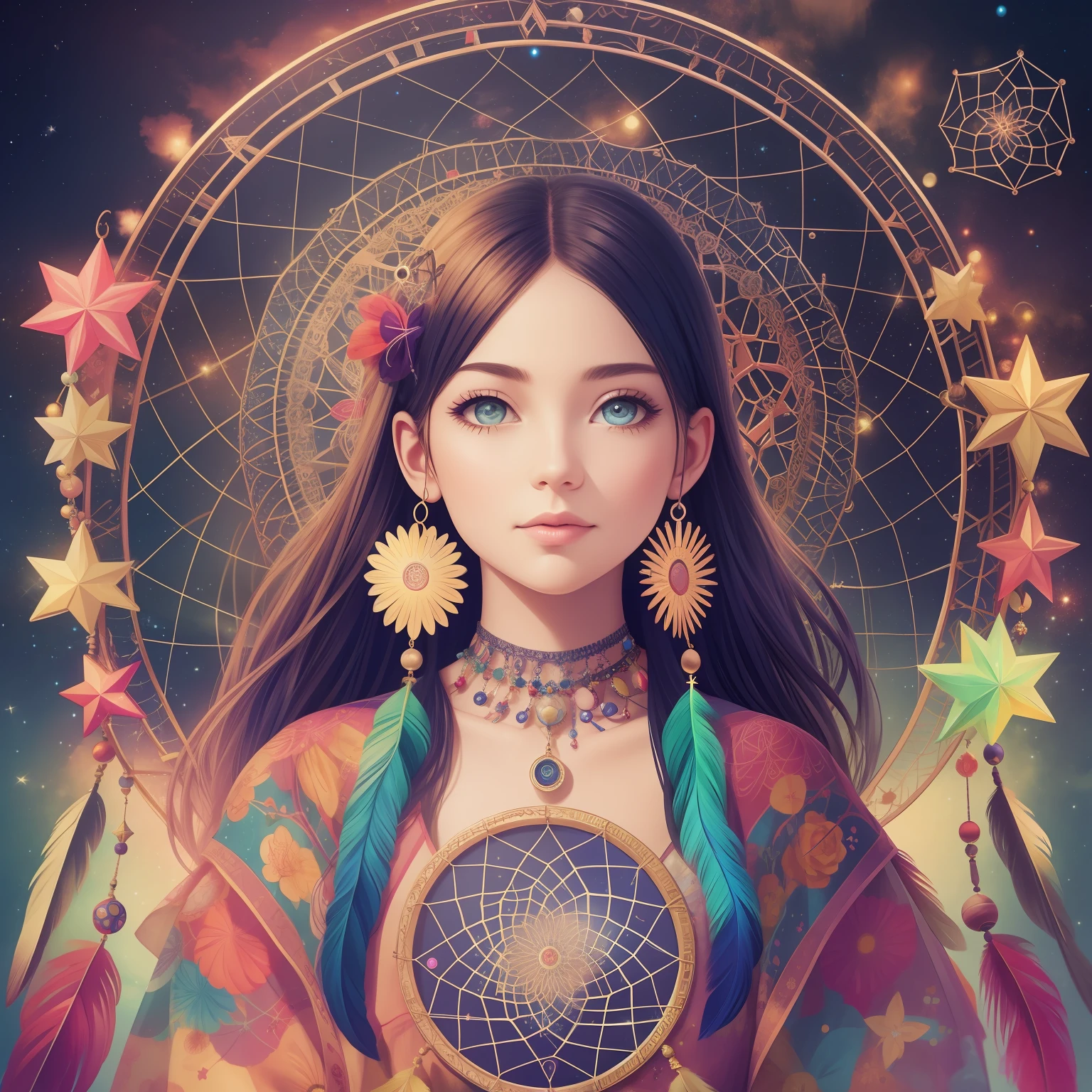whimsical dream catcher floating in a starry sky, a vibrant collage of dream-inspired element, masterpiece, trending on artstation, particles, highly detailed fine art, sharp focus. Dream catcher.