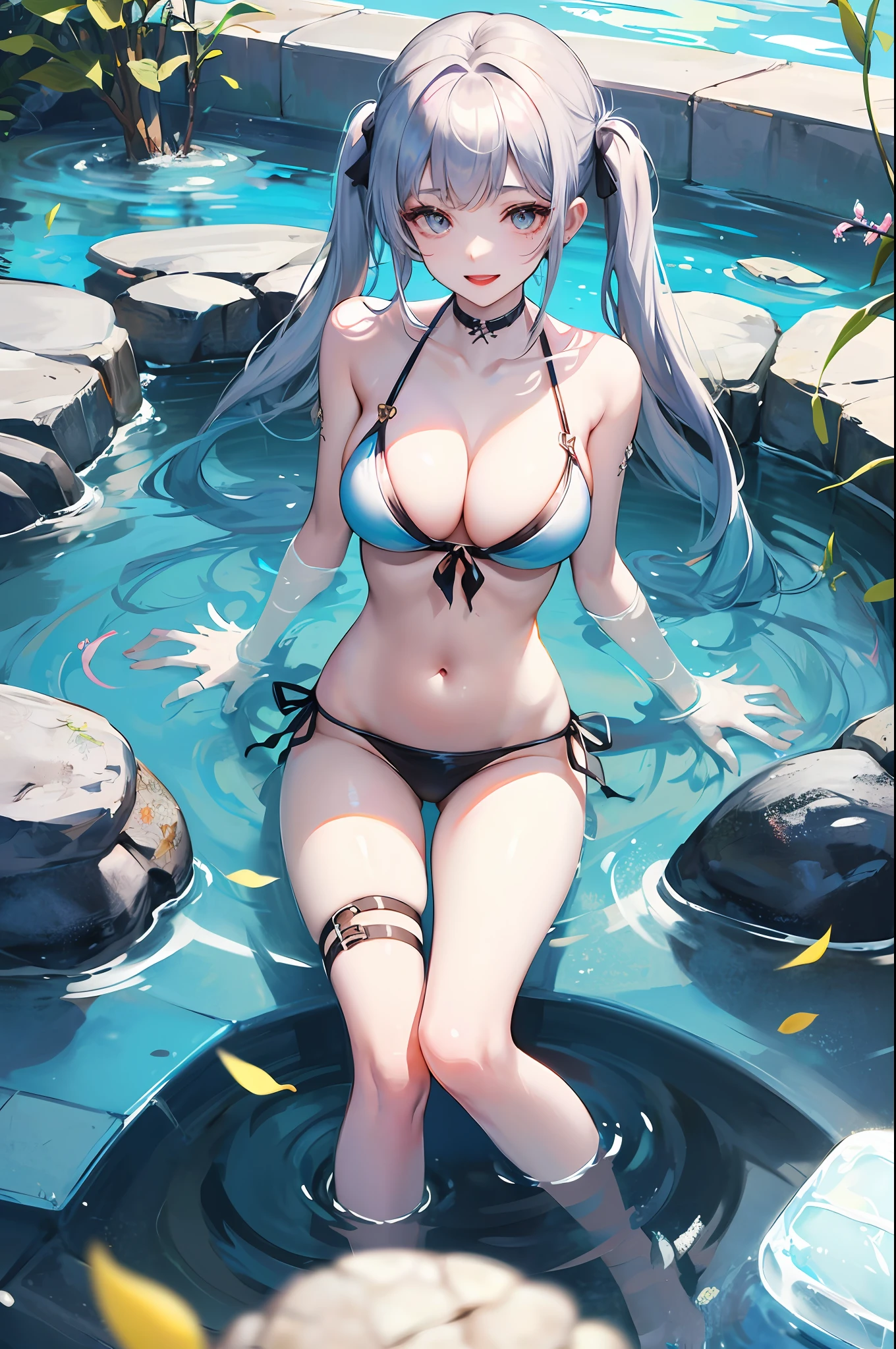 In a pond with floating ice in the middle of winter、Girl bathing with ecstatic expression。The bikini、Large breasts,BDSM,masochism,chilly girl,forced smile,