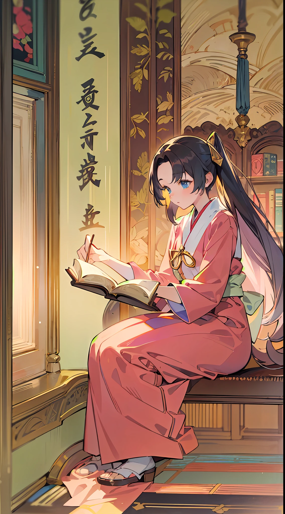 (masterpiece, best quality), 1girl, TsubakiKasugano,  reading, tome in hand, reading a tome, one tome, sitting,