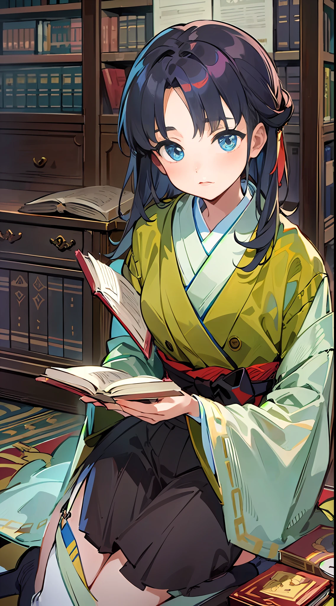 (masterpiece, best quality), 1girl, TsubakiKasugano,  reading, tome in hand, reading a tome, one tome, sitting,