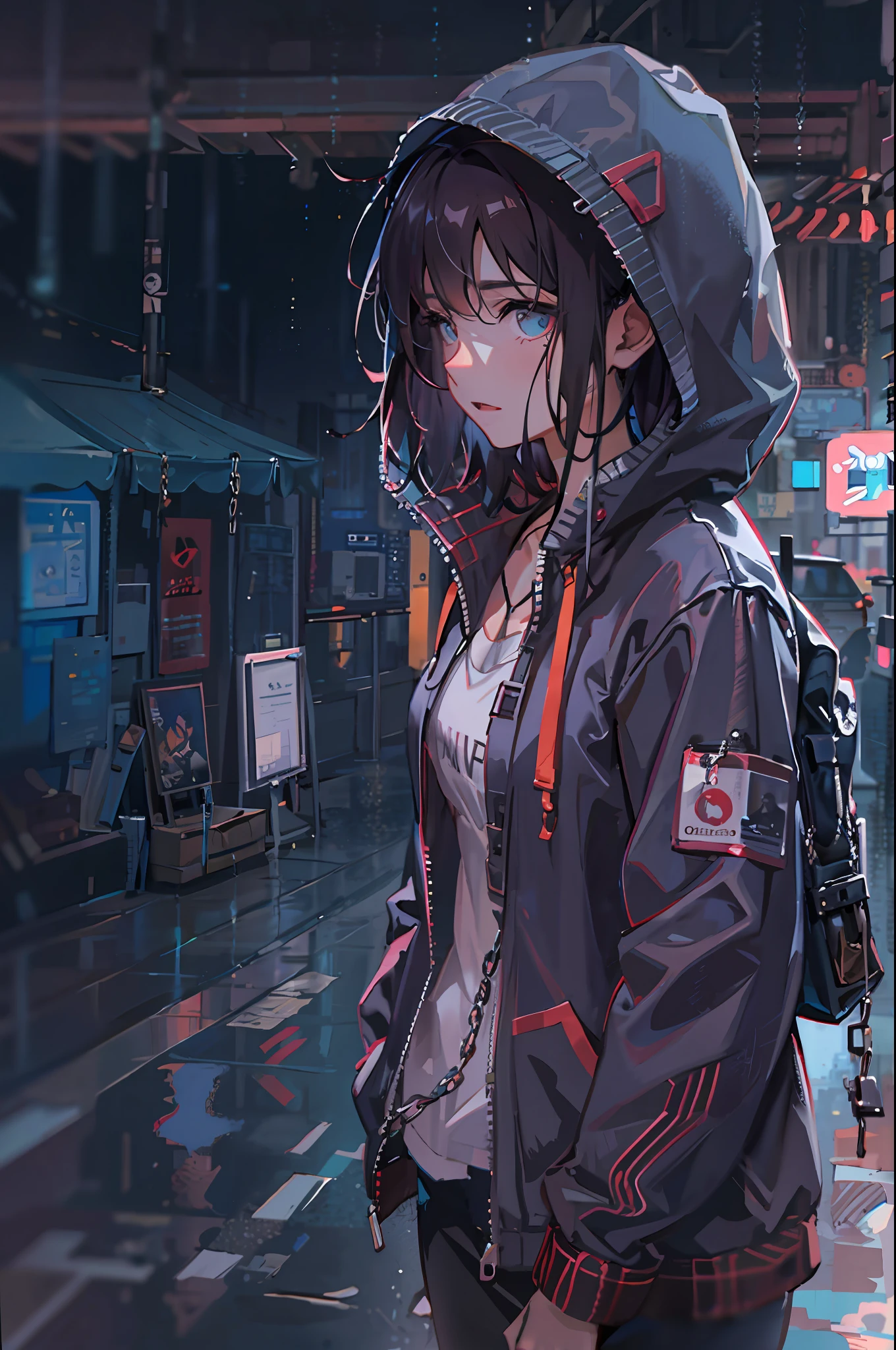 1girl, jacket, rain, outdoor, hoodie, open jacket, chain, backpack, looking at another, messy hair, trending on artstation, 8k resolution, highly detailed, anatomically correct, sharp image, digital painting, concept art, trending on pixiv, style of makoto shinkai,