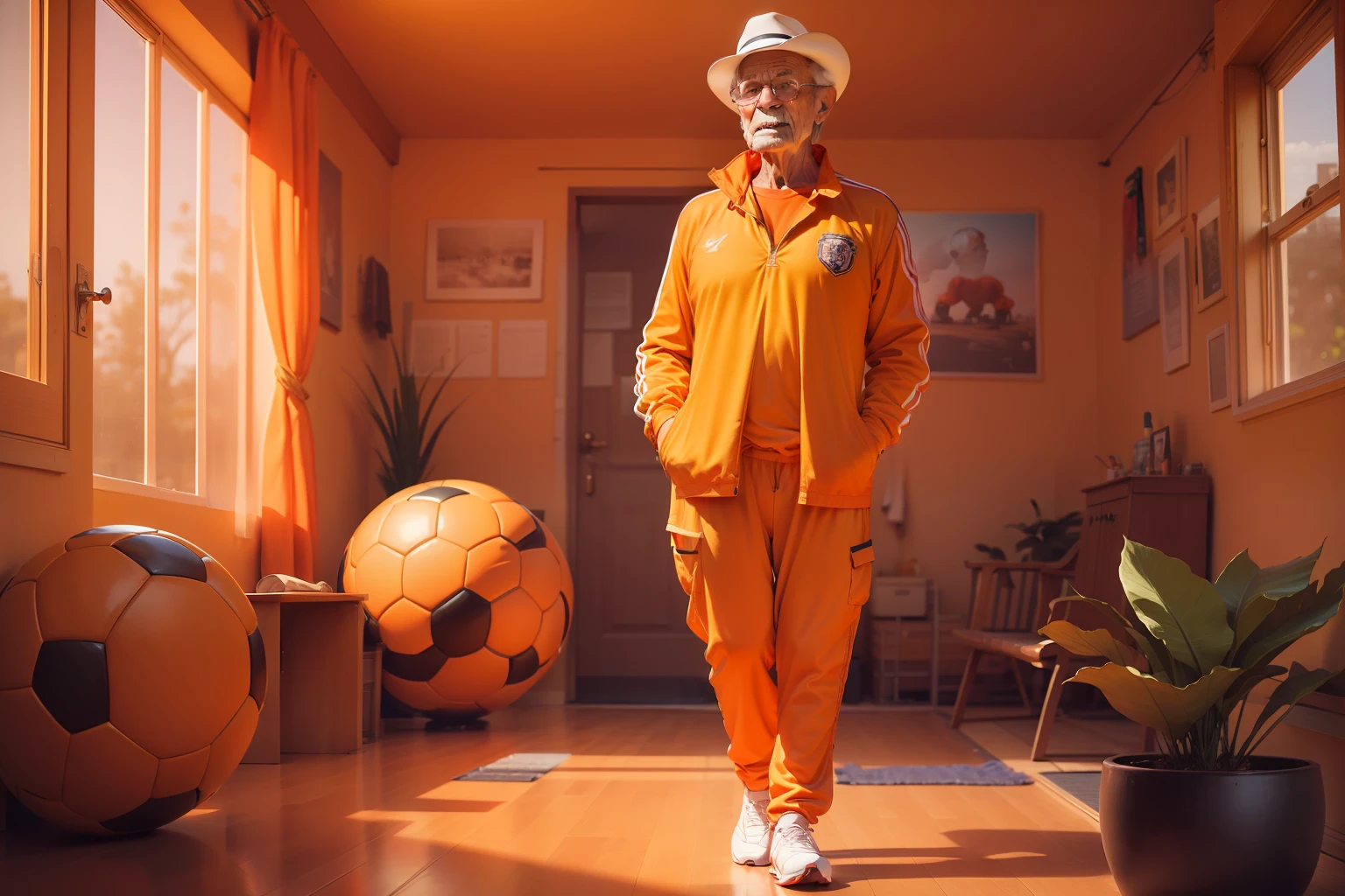 Elderly man, dressed in an orange soccer outfit, bulbous pants, eager and excited for the match to start. --auto