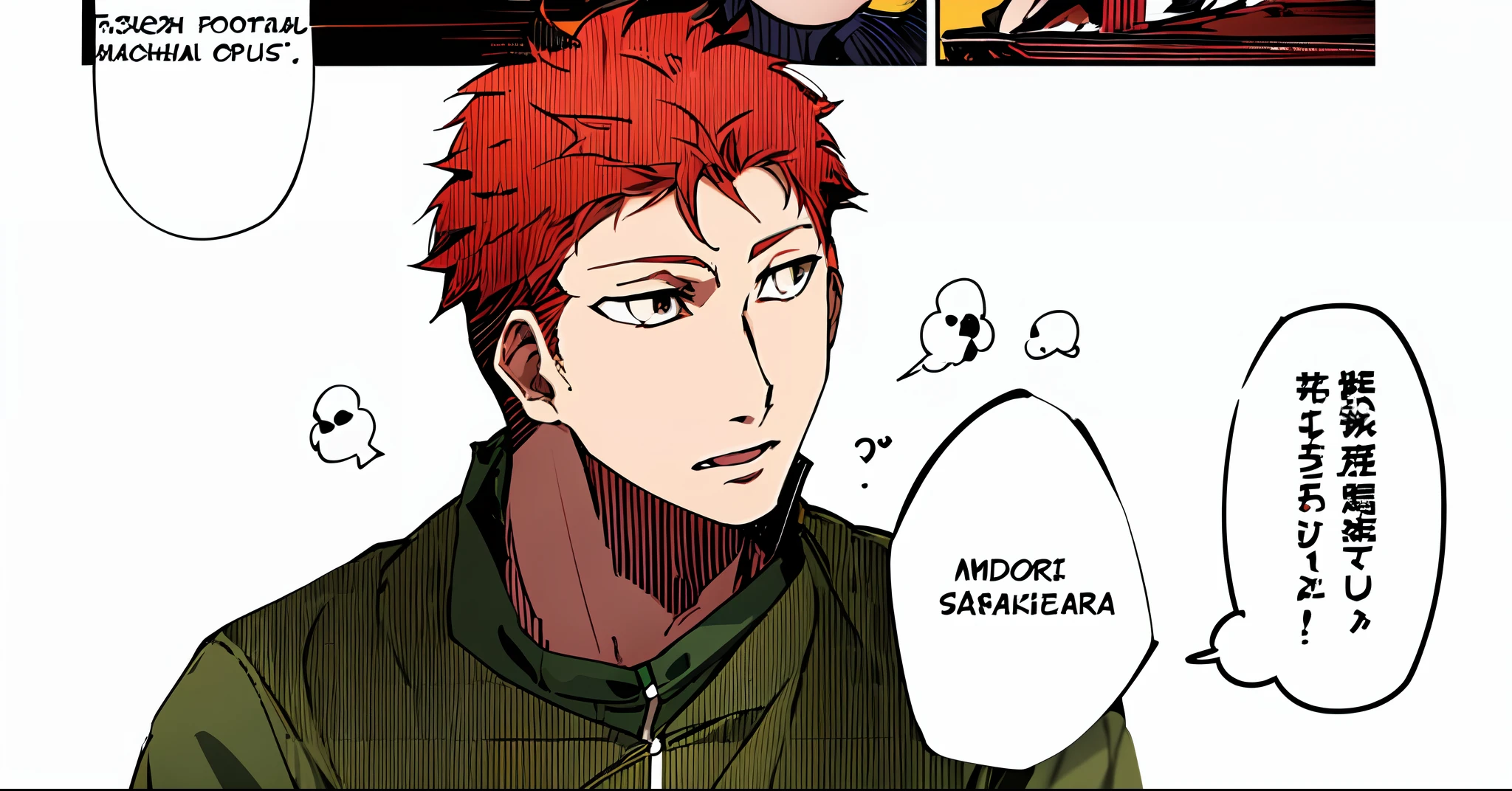 a anime of a man with firebrick hair color, short khaki eyes color, jacket, open mouth, text bubble speech, color manga, manga color, color manga, color manga panel, simple background, a white background