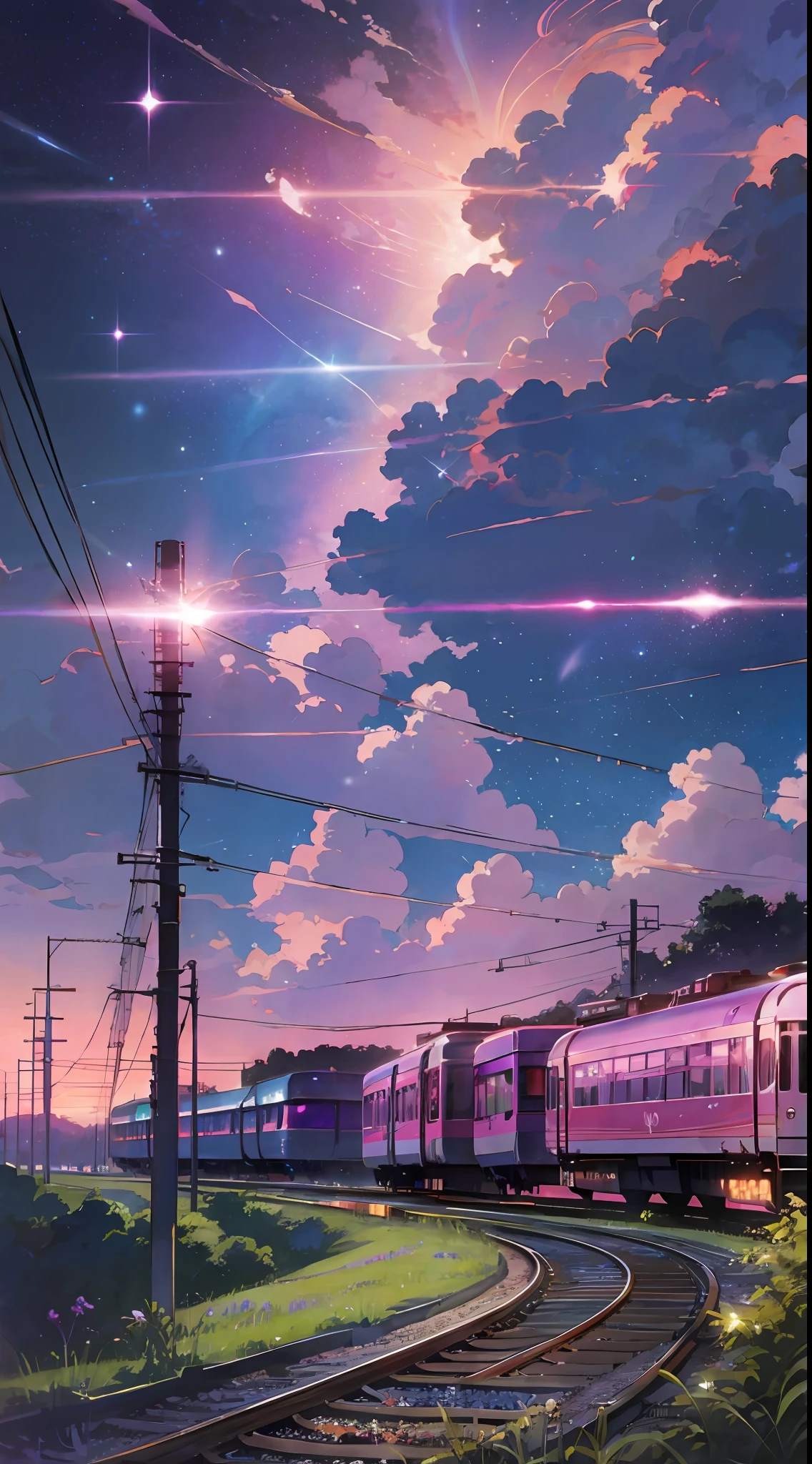 Anime scene where a train travels under a pink-purple sky，Makoto Shinkai's painting style，Popular trends on Pixiv，magic realism，beautiful anime scenes，Cosmos Sky，Fantastic background painting。