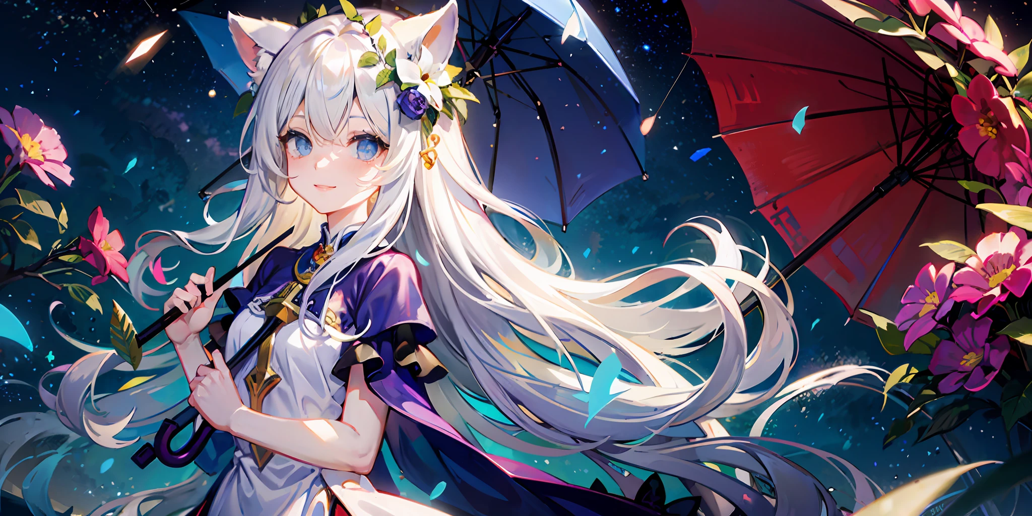 wears a white dress,blue color eyes,Girl with long white hair,Holding an umbrella with purple lace,With cat ears,There are shooting stars across the sky,Smiling,Have by the sea,With a white wreath on his hands,Behind it is a starry sky,Smiling,Medium chest size,In a sea of flowers
