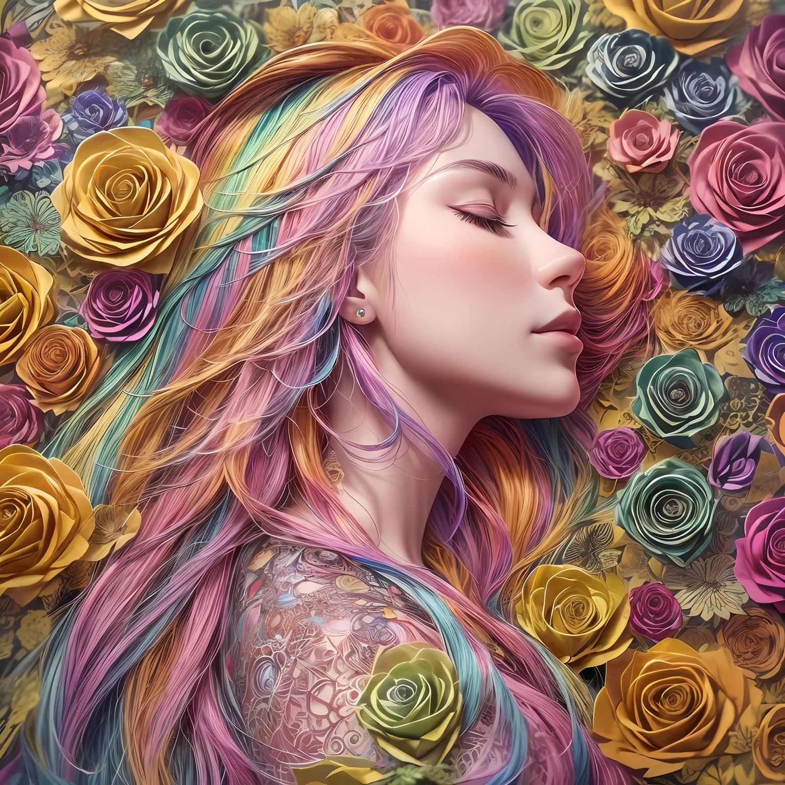 (Beauty side face,Long colored hair,close eyes,Masterpiece roses),rainbow colored background, (illustration,paper art, zentangle, 3D render),(Best quality, Detailed details, Masterpiece, offcial art, movie light effect, 4K, Chiaroscuro)