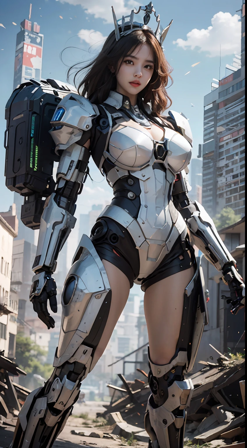 ((Best Quality)), ((Masterpiece)), (Very Detailed: 1.3), 3D, Icaru valkirie-mecha, Beautiful cyberpunk woman wearing crown with her red and blue mecha in ruins of a forgotten war city, long red hair, sci-fi technology, HDR (High Dynamic Range), ray tracing, nvidia RTX, super resolution, unreal 5, subsurface scattering, PBR texture, post-processing, anisotropic filtering, depth of field, maximum sharpness and sharpness, multi-layer texture, specular and albedo mapping, surface shading, accurate simulation of light-material interactions, perfect proportions, octane rendering, duotone lighting, low ISO, white balance, rule of thirds, wide aperture, 8K RAW, high efficiency subpixels, subpixel convolution, light particles, light scattering, Tyndall effect, very sexy, full body, battle pose, black hair with braids,