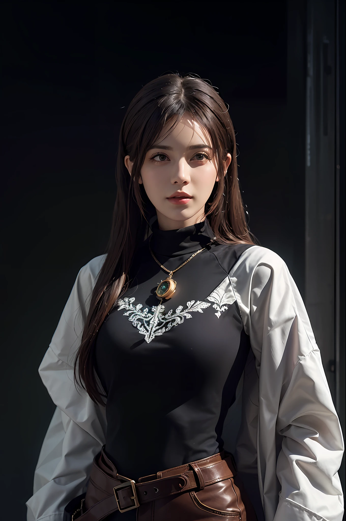 Hyperrealist portrait of female by david hockney and alphonse mucha,fantasy art, photo realistic, dynamic lighting, artstation, poster, volumetric lighting, very detailed faces, 4 k, award winning,, 1girl, in the dark, deep shadow, low key,cowboy shot,(official clothing:1.4) ,long hair,white hair,
