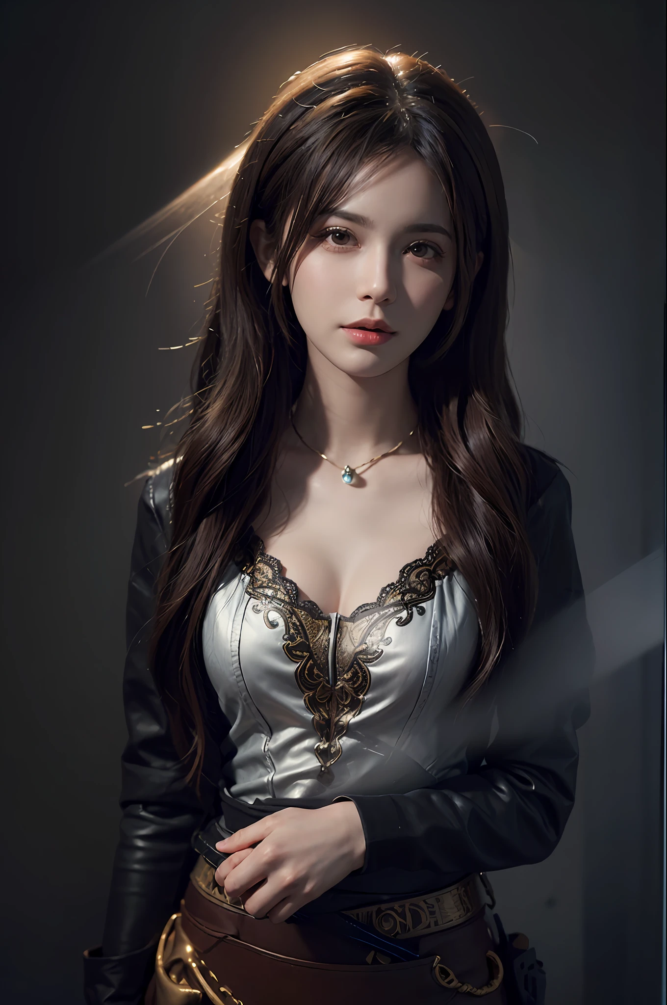 Hyperrealist portrait of female by david hockney and alphonse mucha,fantasy art, photo realistic, dynamic lighting, artstation, poster, volumetric lighting, very detailed faces, 4 k, award winning,, 1girl, in the dark, deep shadow, low key,cowboy shot,(official clothing:1.4) ,long hair,white hair,