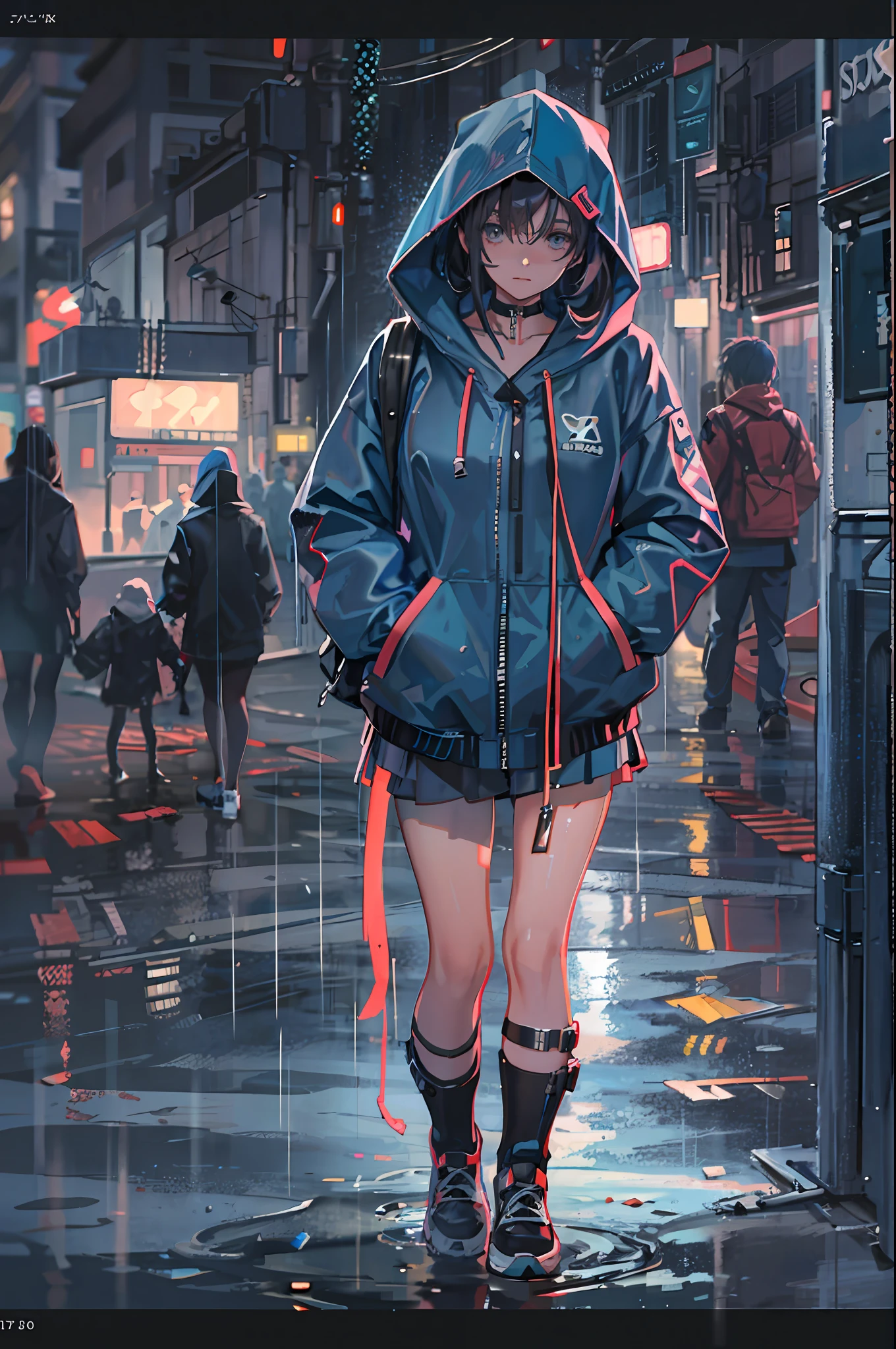 1girl, jacket, rain, outdoor, hoodie, open jacket, chain, backpack, looking at another, messy hair, trending on artstation, 8k resolution, highly detailed, anatomically correct, sharp image, digital painting, concept art, trending on pixiv, style of makoto shinkai,