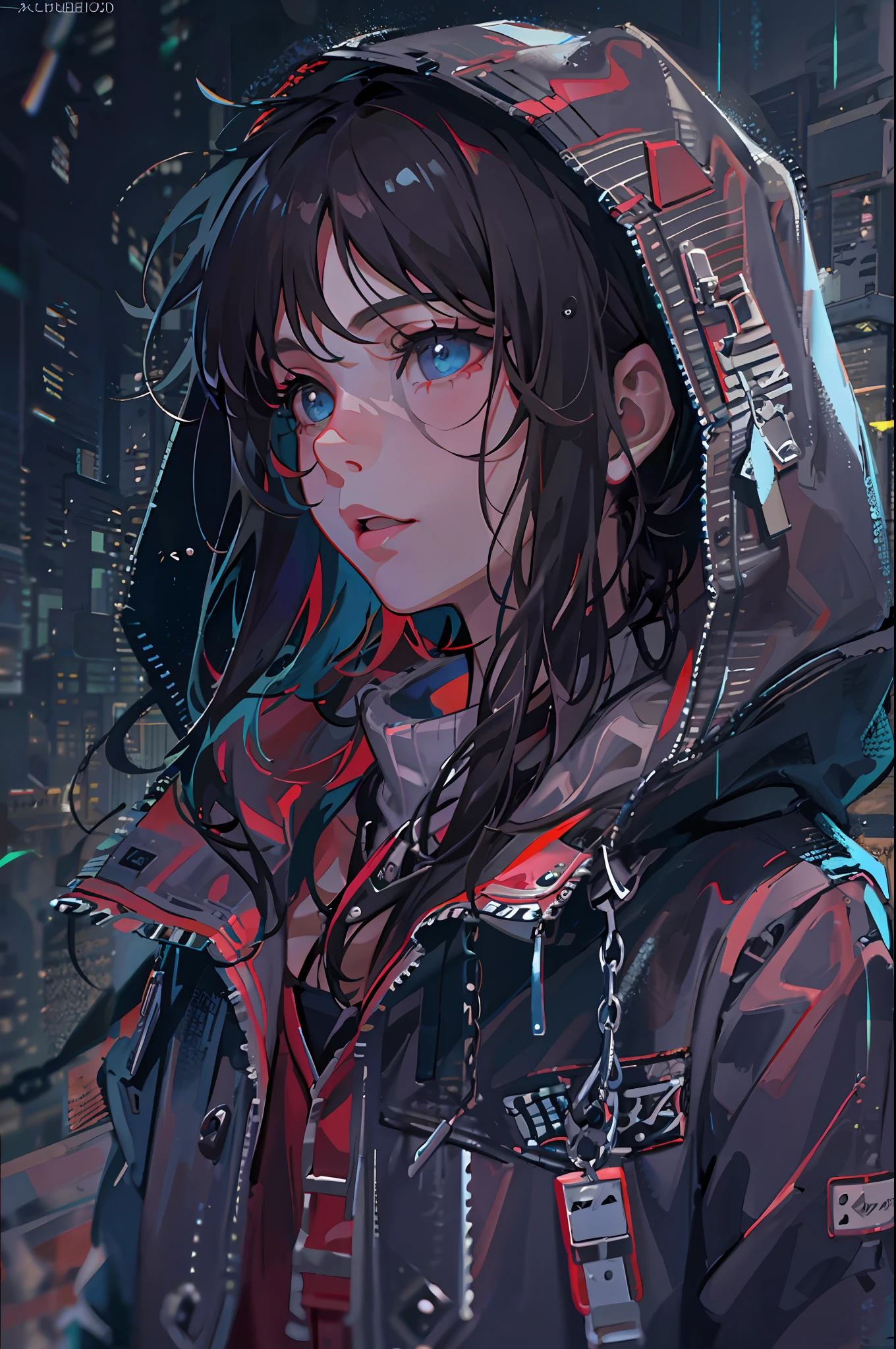 1girl, jacket, rain, outdoor, hoodie, open jacket, chain, backpack, looking at another, messy hair, trending on artstation, 8k resolution, highly detailed, anatomically correct, sharp image, digital painting, concept art, trending on pixiv, style of makoto shinkai,