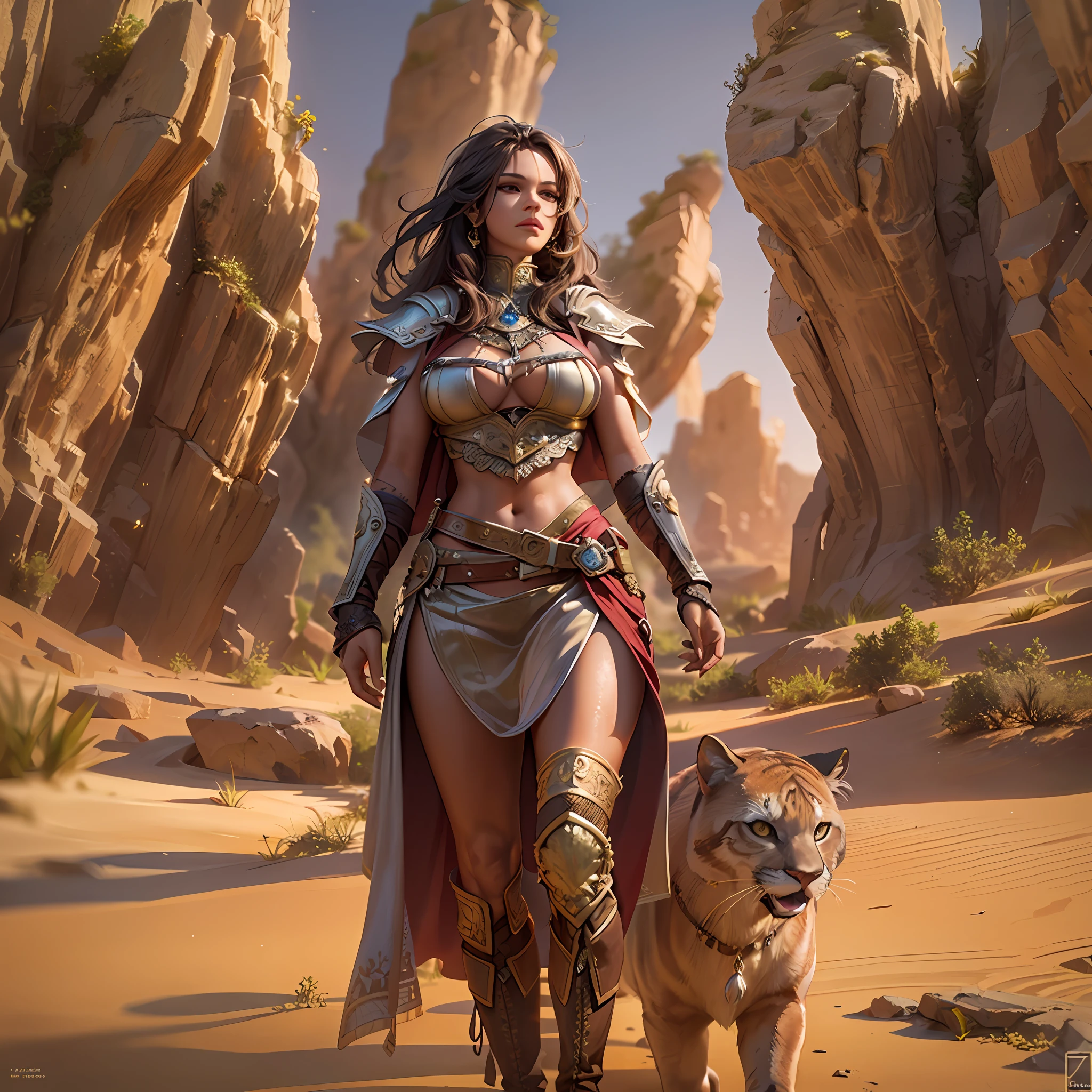 high details, best quality, 8k, [ultra detailed], masterpiece, best quality, (extremely detailed), dynamic angle, ultra wide shot, RAW, photorealistic, fantasy art, realistic art, a wide angle picture of a female human druid, knelling (1.5 intricate details, Masterpiece, best quality) talking to a cougar (1.6 intricate details, Masterpiece, best quality) in desert (1.5 intricate details, Masterpiece, best quality),  a female  wearing leather clothes (1.4 intricate details, Masterpiece, best quality), leather boots, thick hair, long hair, brown hair, tan skin intense brown eyes, desert background (intense details), a stream flowing in an oasis (1.4 intricate details, Masterpiece, best quality), sun light, dynamic light. dynamic angle, (1.4 intricate details, Masterpiece, best quality) 3D rendering, high details, best quality, highres, ultra wide angle