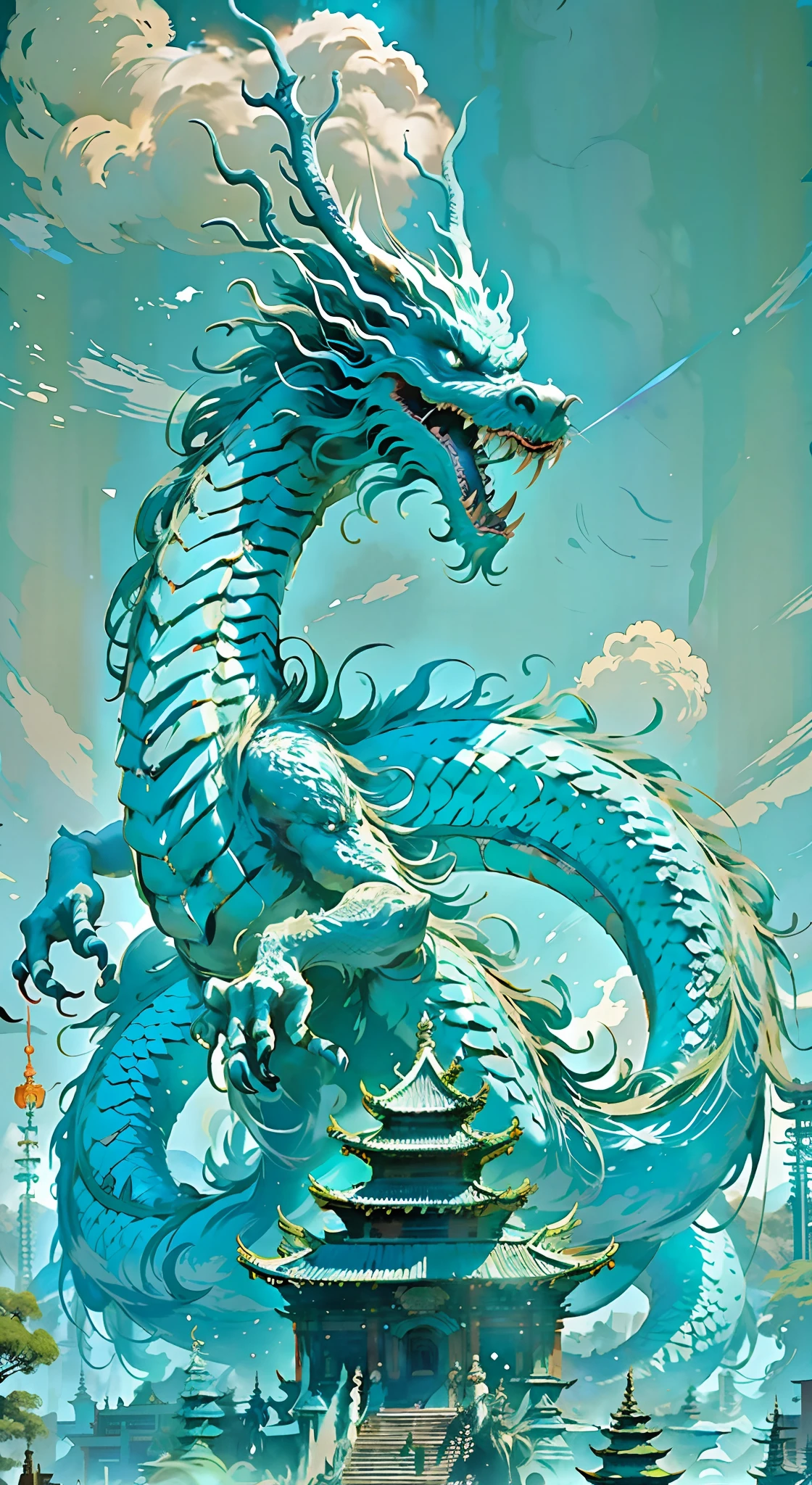 Best quality at best,tmasterpiece,超高分辨率,without humans,(The long:1.2),a Oriental Dragons,east asian architecture,Skysky,buliding,exteriors,clouds,daysies,mont,with her mouth open,blue-sky,teeth,scutes,Clear four paws,dentes pontiagudos,banya,with light glowing,fang,The tree,glowing light eyes,pagoda,scenecy
