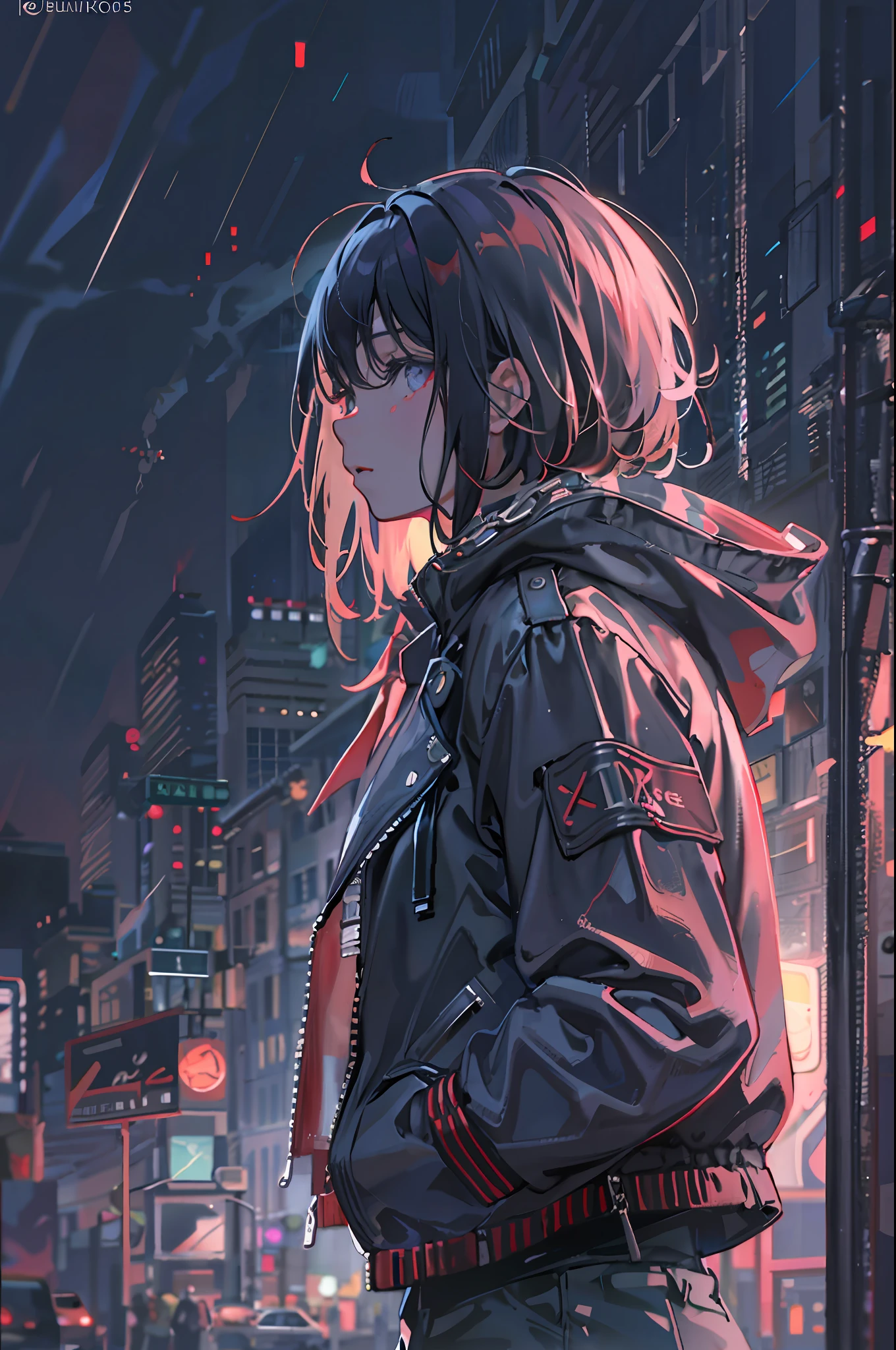 1girl, jacket, rain, outdoor, hoodie, open jacket, chain, backpack, looking at another, messy hair, trending on artstation, 8k resolution, highly detailed, anatomically correct, sharp image, digital painting, concept art, trending on pixiv, style of makoto shinkai,