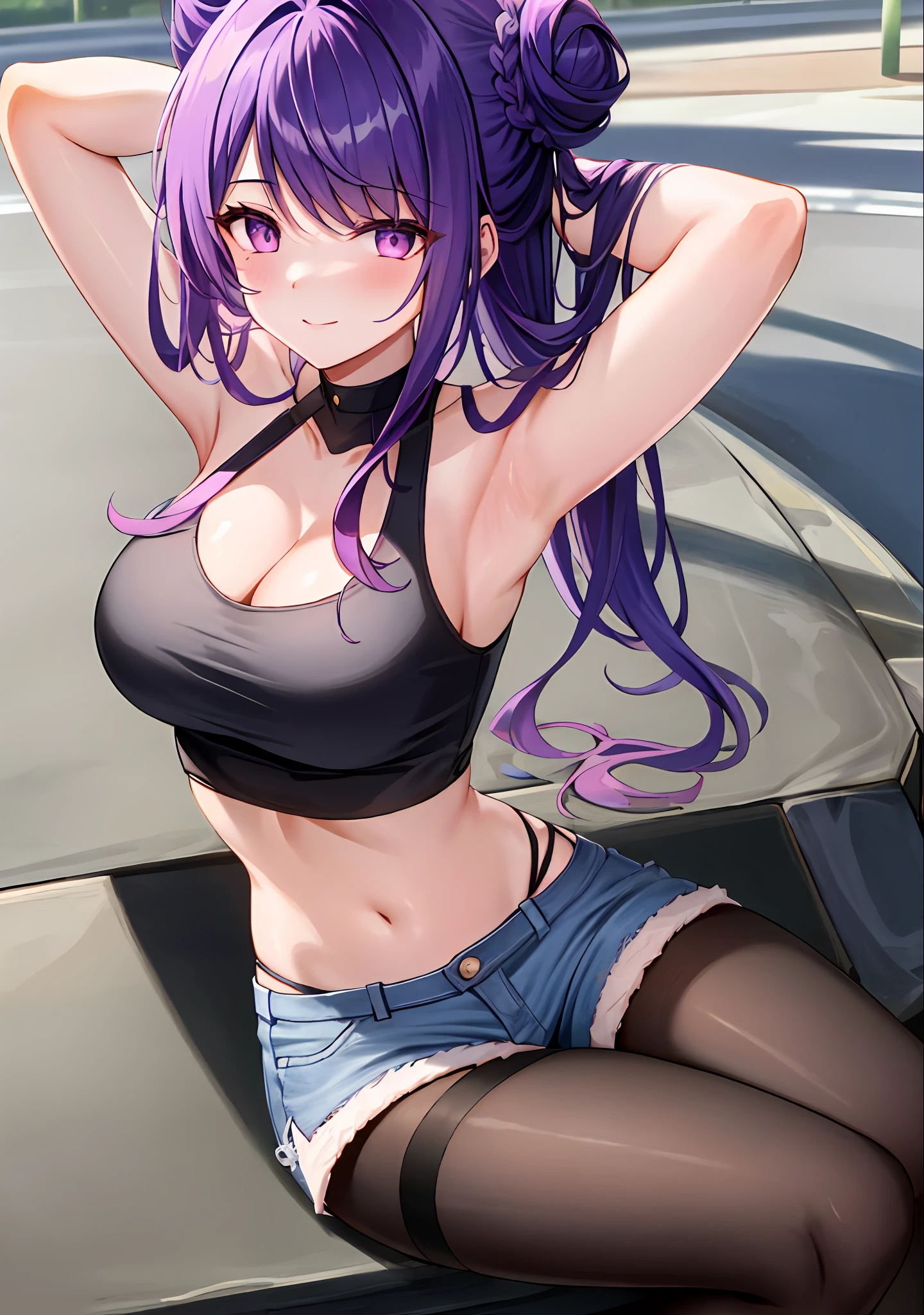 (masterpiece, best quality, ultra-detailed), keqing \(genshin impact\), (purple hair), cone hair bun, twin tails, long hair, swept bangs, braid, braided bangs, purple eyes, pink eyes,
(wearing a t-shirt:1.2), sitting on a chair outside of caf, embracing the natural beauty, sunlight, beautiful cloudy sky, city, street, denim shorts, black stocking,
medium breasts, thick thighs, critical angle, cowboy shot, arm behind head, arm behind back, armpits, light smile, crop top, strong and seductive expressions,,