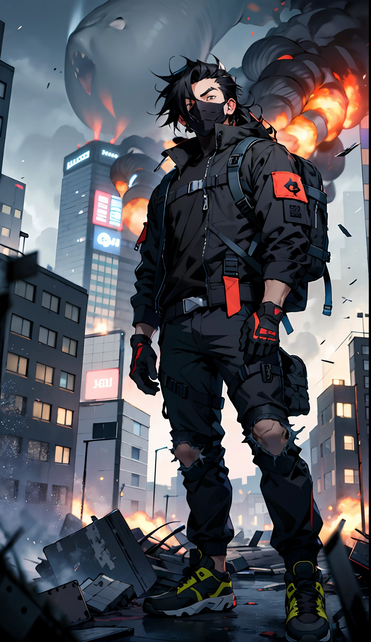 masterpiece, top quality, best quality, simple lines, male, teen man, young man, man of 16, extreme detailed, colorful,highest detailed, black hair, long hair, wavy hair, black eyes, destroyed city, backpack, wind, protective clothing, zombie apocalypse, full body, tech wear, muscular, military gloves, black mask on face, fixed eyes, black clothing, lifeless eyes, explosion in background