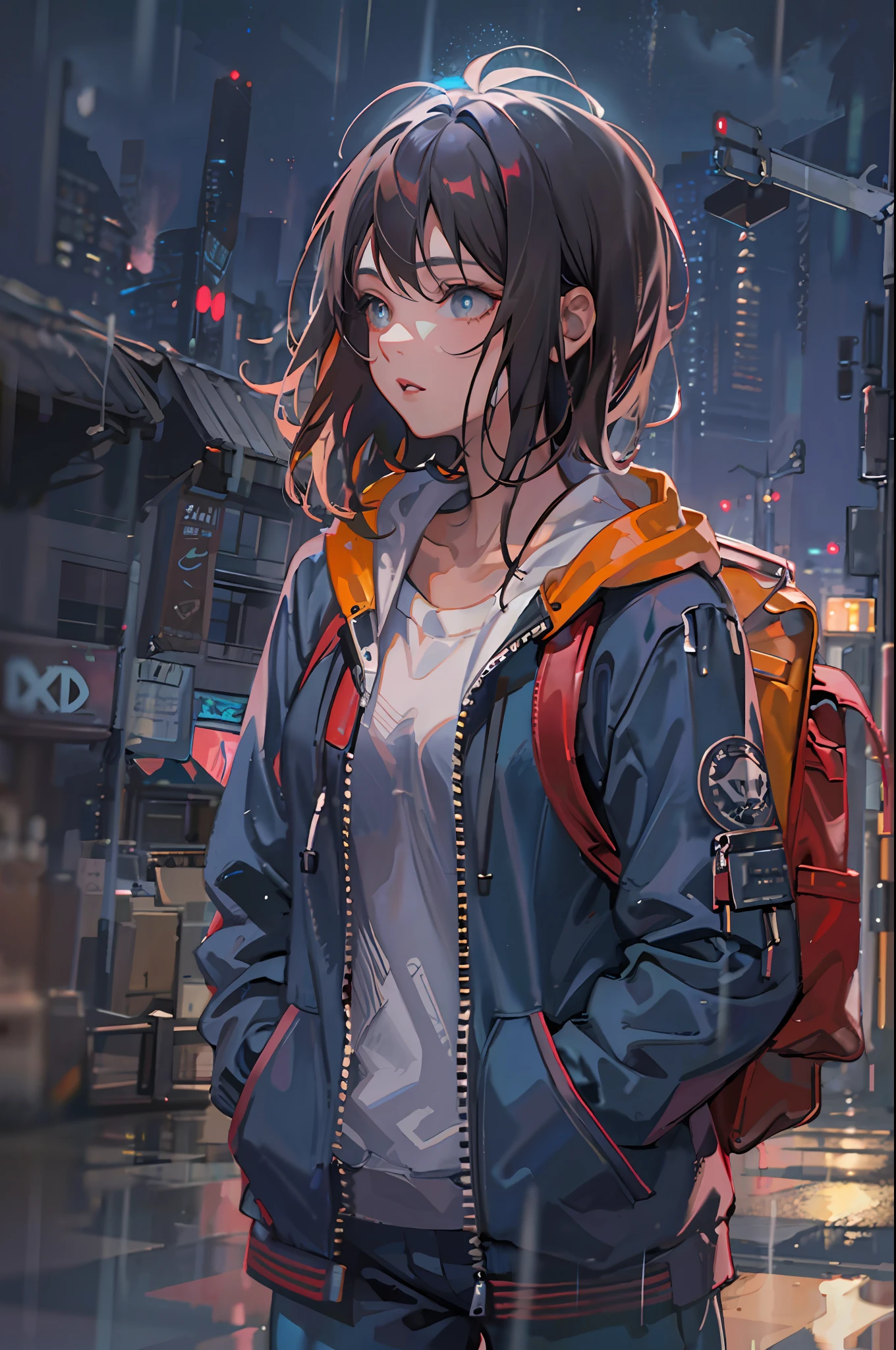 1girl, jacket, rain, outdoor, hoodie, open jacket, chain, backpack, looking at another, messy hair, trending on artstation, 8k resolution, highly detailed, anatomically correct, sharp image, digital painting, concept art, trending on pixiv, style of makoto shinkai,