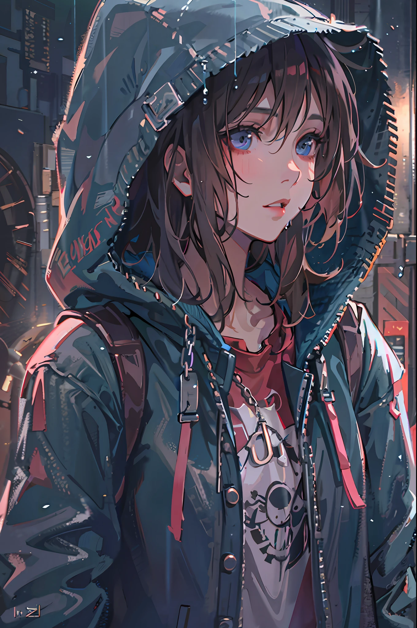 1girl, jacket, rain, outdoor, hoodie, open jacket, chain, backpack, looking at another, messy hair, trending on artstation, 8k resolution, highly detailed, anatomically correct, sharp image, digital painting, concept art, trending on pixiv, style of makoto shinkai,