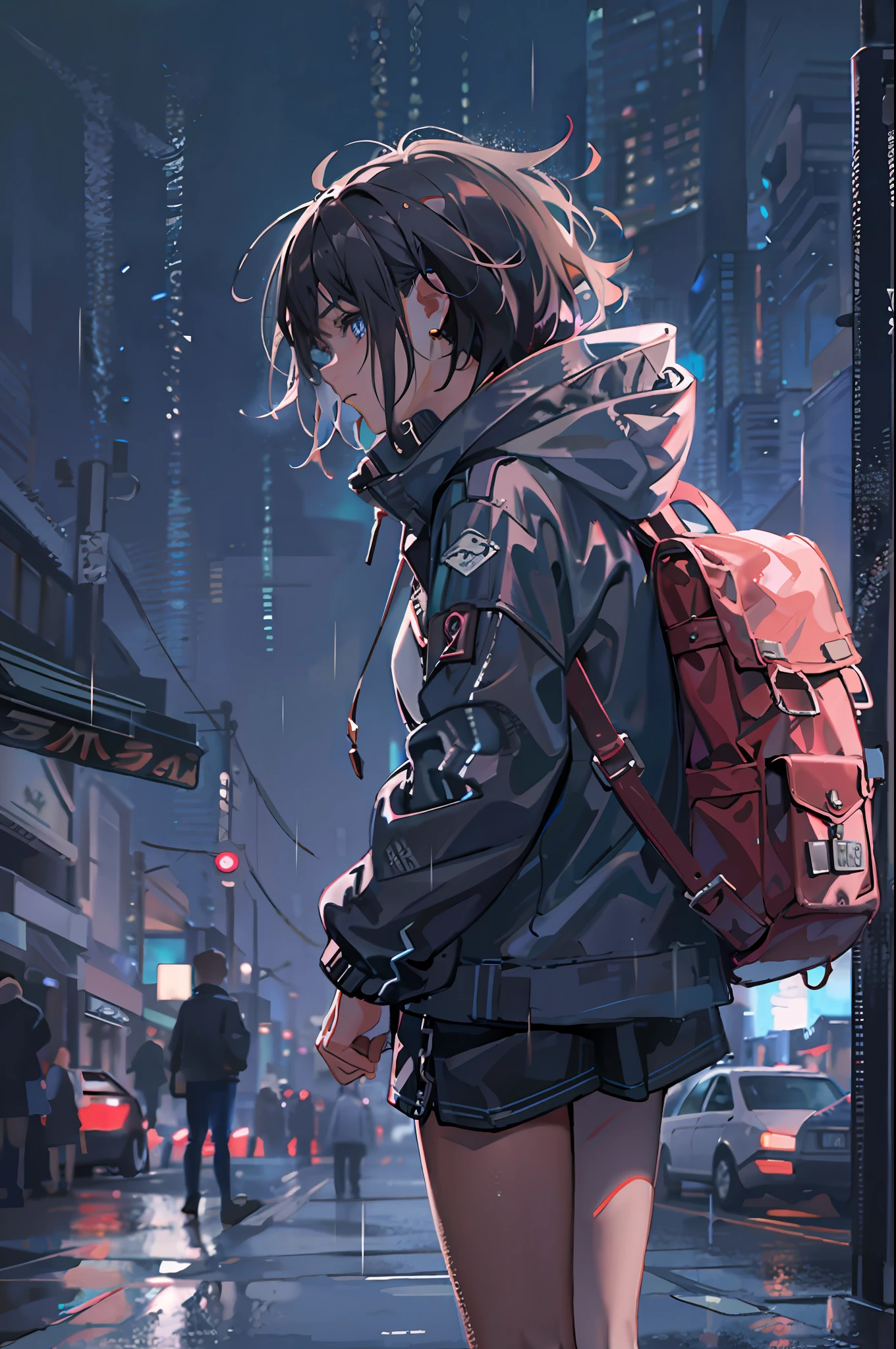 1girl, jacket, rain, outdoor, hoodie, open jacket, chain, backpack, looking at another, messy hair, trending on artstation, 8k resolution, highly detailed, anatomically correct, sharp image, digital painting, concept art, trending on pixiv, style of makoto shinkai,