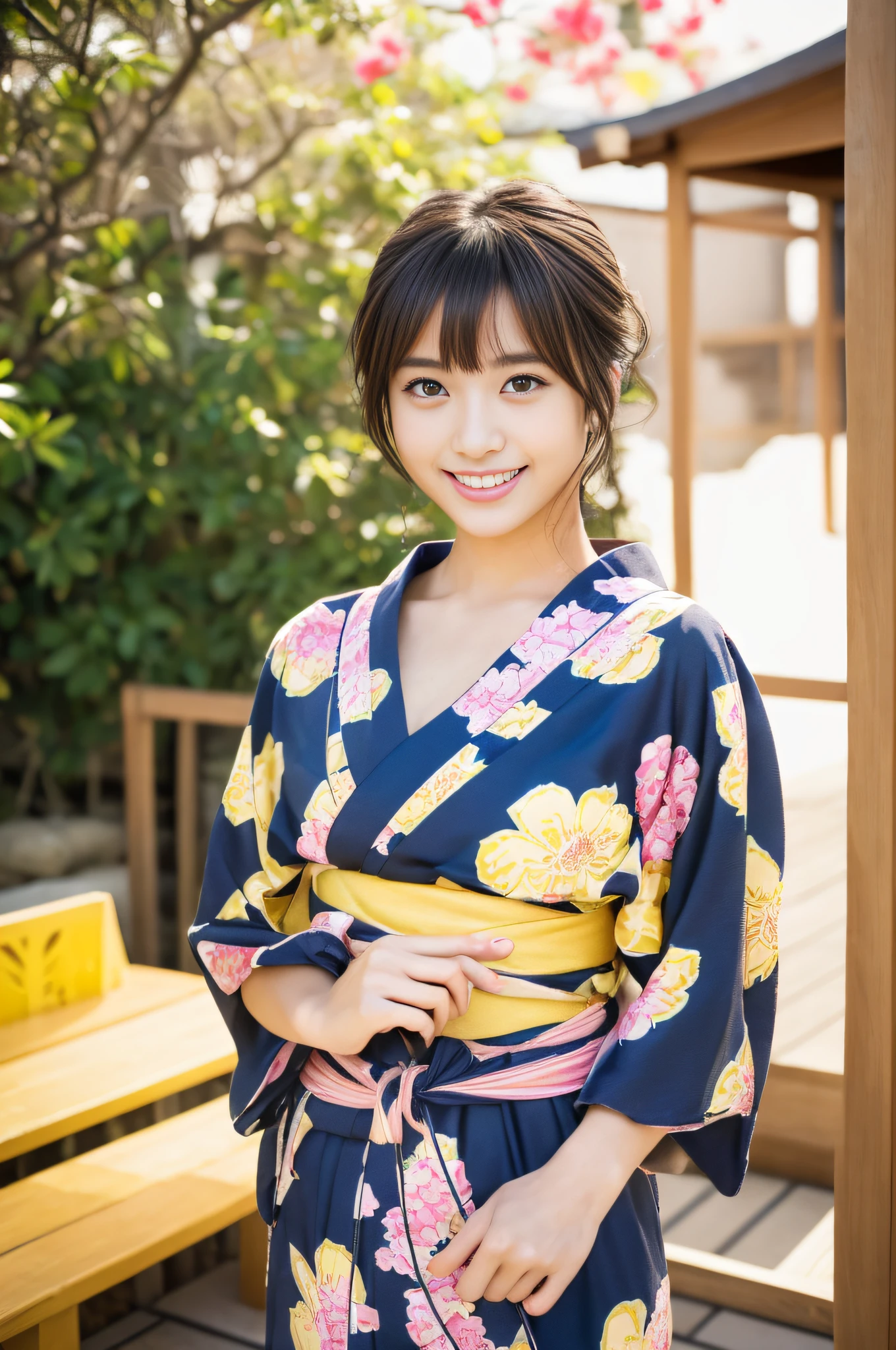 ((Realistic lighting、top-quality、8K、masterpiece:1.3))、Clear focus:1.2、1girl in、Perfect Body Beauty:1.4、Slim abs:1.1、((dark brown hair、small tits))、(Yukata with yellow and pink floral pattern:1.4)、(Red Kimono Obi)、(outside of house、natta:1.1)、Idol、Super fine face、finely eye、二重まぶた、dark brown eyes、(bangss)、(hyper pretty face:1.5), (Young Japan woman:1.5), (Beautie), a smile, hair adornments、