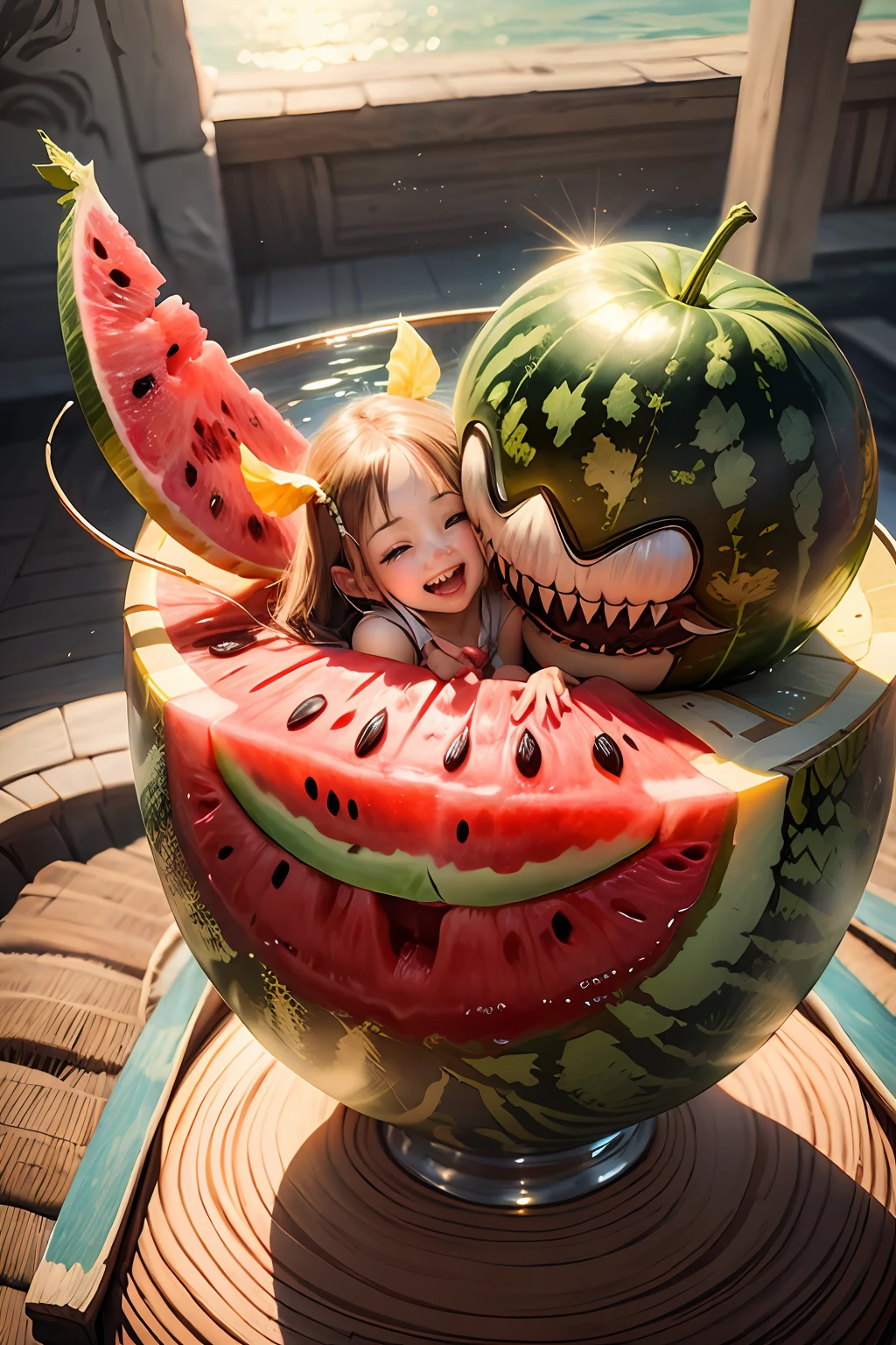 angelicales、Beautiful fece、Happy smile、Gentle background、​​clouds、water melon、If you eat with a big mouth、Rahul Cloud、Fantastical、Bright background、high-level image quality、tenderness､Joy、aureole 、water melon --auto